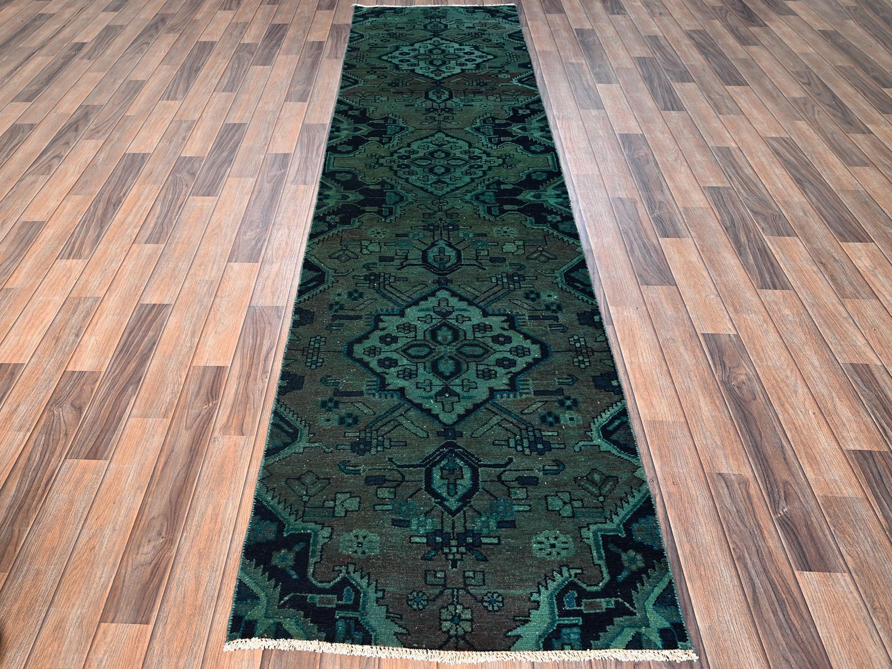 2'7"x9'10" Marine Green Overdyed, Vintage Persian Hamadan with Medallions Design, Worn and Distressed, Sheared Low, Zero Pile, Sides and Ends Professionally Secured, Hand Knotted, 100% Wool, Runner, Oriental Rug HR1558 - Image 2