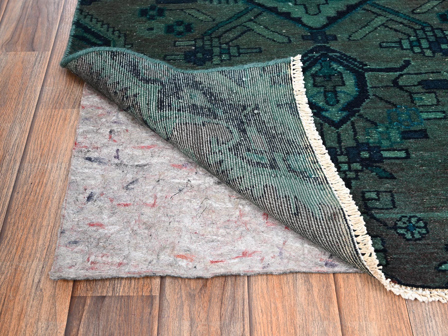 2'7"x9'10" Marine Green Overdyed, Vintage Persian Hamadan with Medallions Design, Worn and Distressed, Sheared Low, Zero Pile, Sides and Ends Professionally Secured, Hand Knotted, 100% Wool, Runner, Oriental Rug HR1558 - Image 3