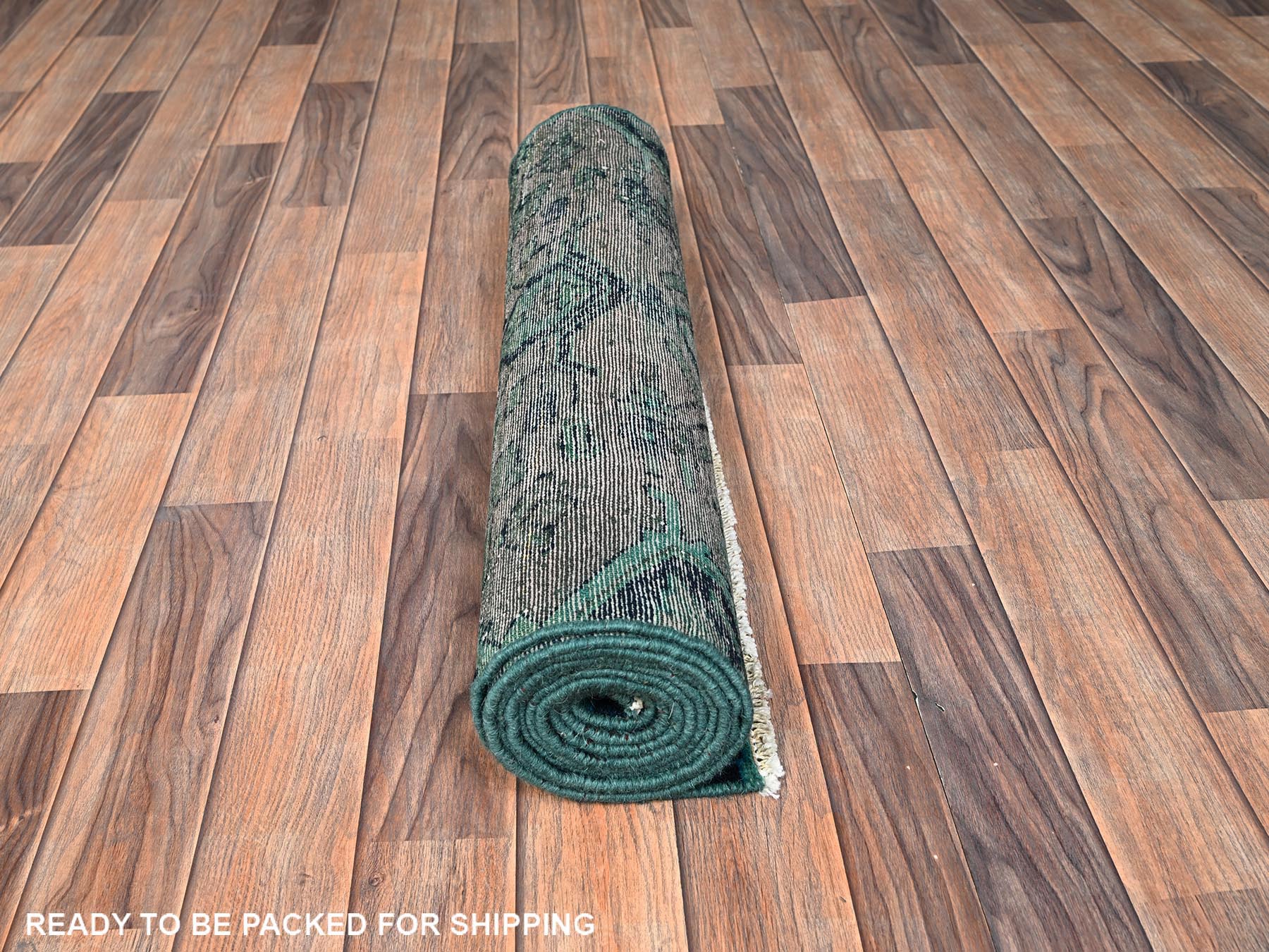 2'7"x9'10" Marine Green Overdyed, Vintage Persian Hamadan with Medallions Design, Worn and Distressed, Sheared Low, Zero Pile, Sides and Ends Professionally Secured, Hand Knotted, 100% Wool, Runner, Oriental Rug HR1558 - Image 5
