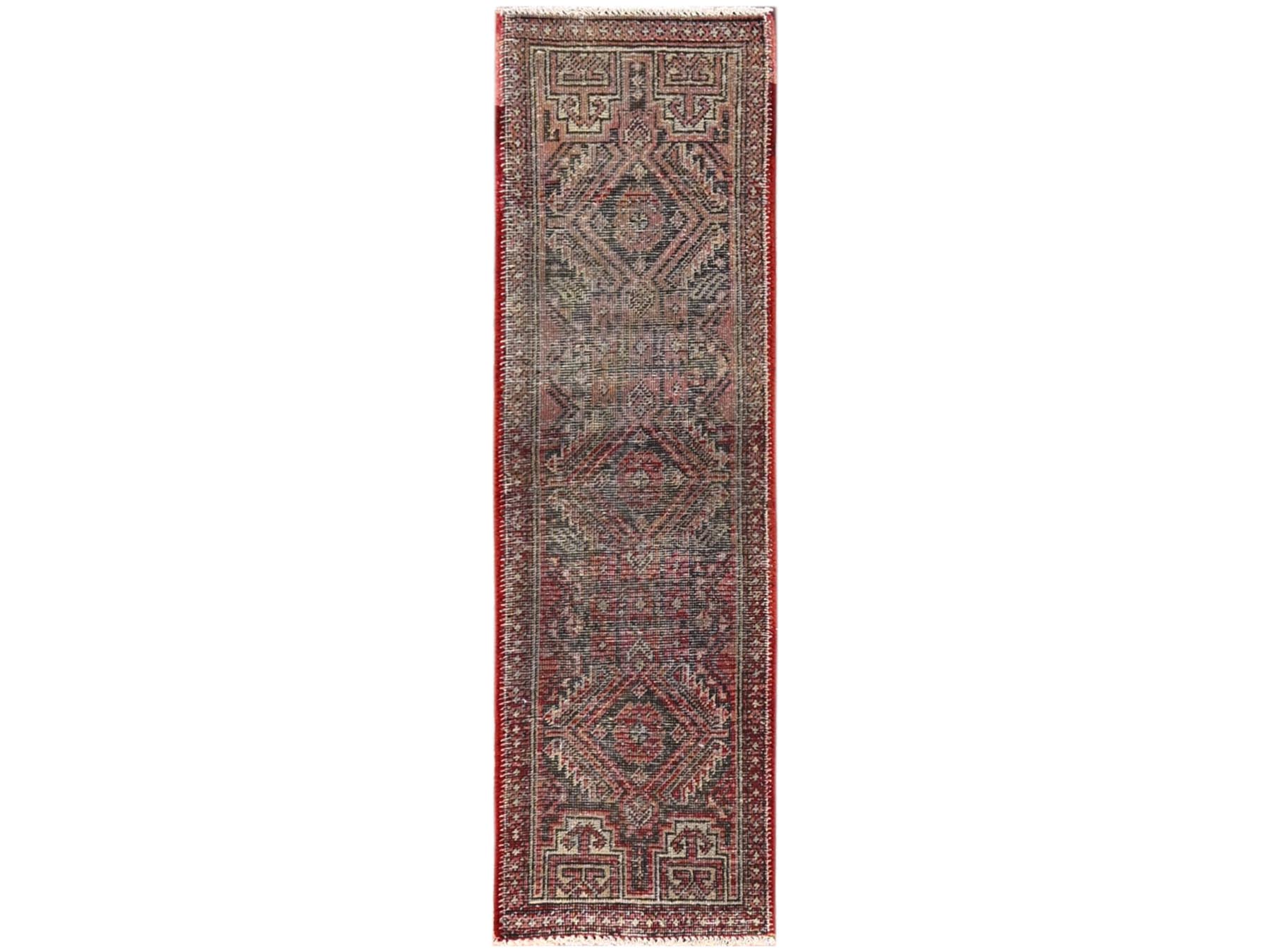 1'10"x5'8" Brick Red, Vintage Northwest Persian with Geometric Pattern, 100% Wool, Hand Knotted, Worn and Distressed, Cropped Thin, Sides and Ends Professionally Secured, Narrow Runner, Oriental Rug HR1560