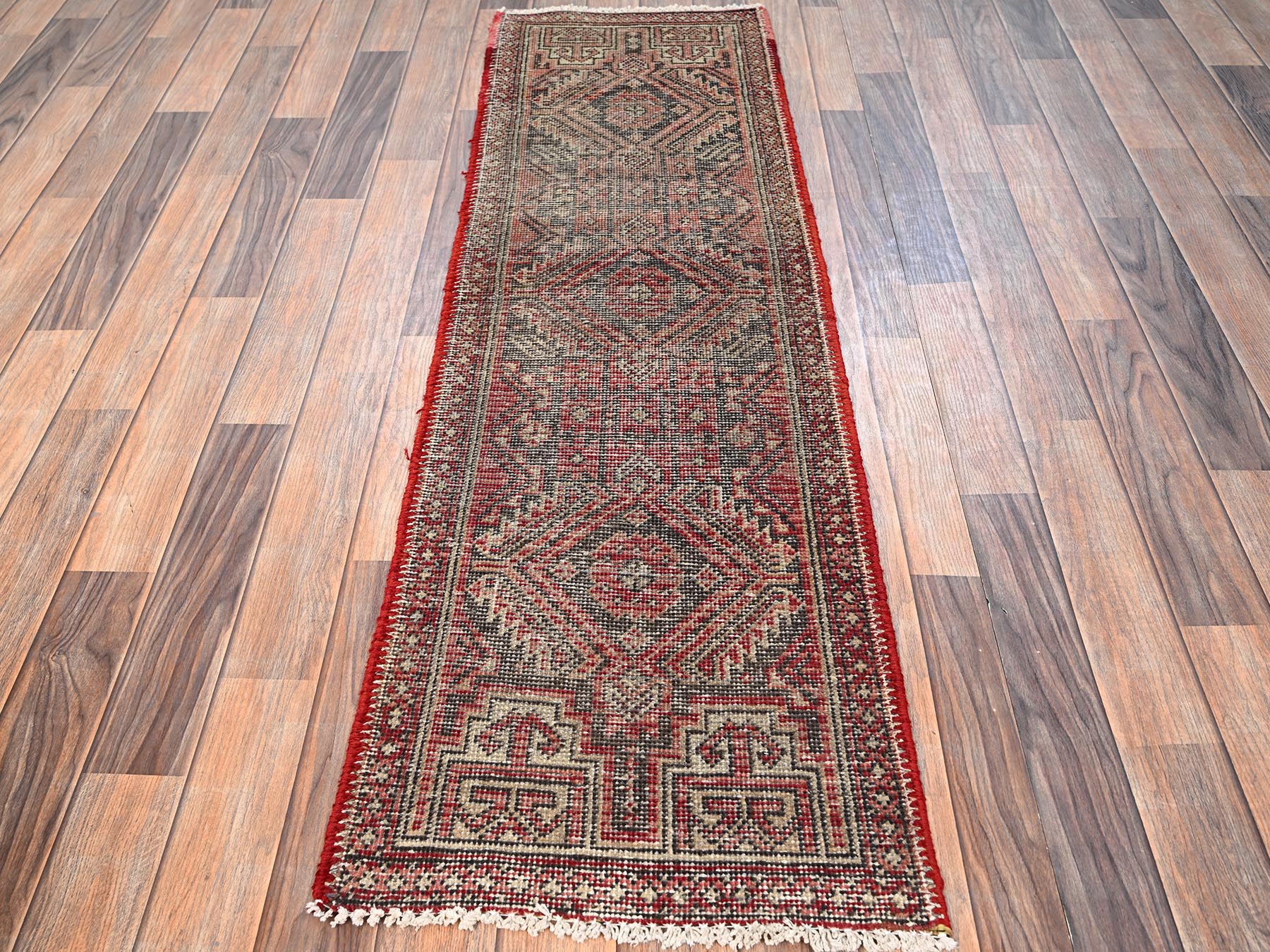 1'10"x5'8" Brick Red, Vintage Northwest Persian with Geometric Pattern, 100% Wool, Hand Knotted, Worn and Distressed, Cropped Thin, Sides and Ends Professionally Secured, Narrow Runner, Oriental Rug HR1560 - Image 2