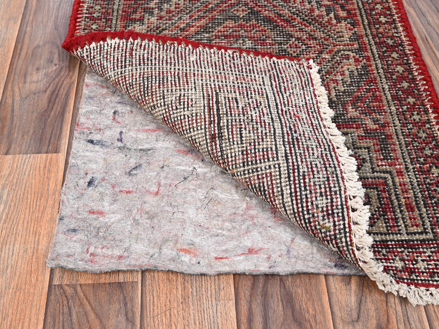 1'10"x5'8" Brick Red, Vintage Northwest Persian with Geometric Pattern, 100% Wool, Hand Knotted, Worn and Distressed, Cropped Thin, Sides and Ends Professionally Secured, Narrow Runner, Oriental Rug HR1560 - Image 3