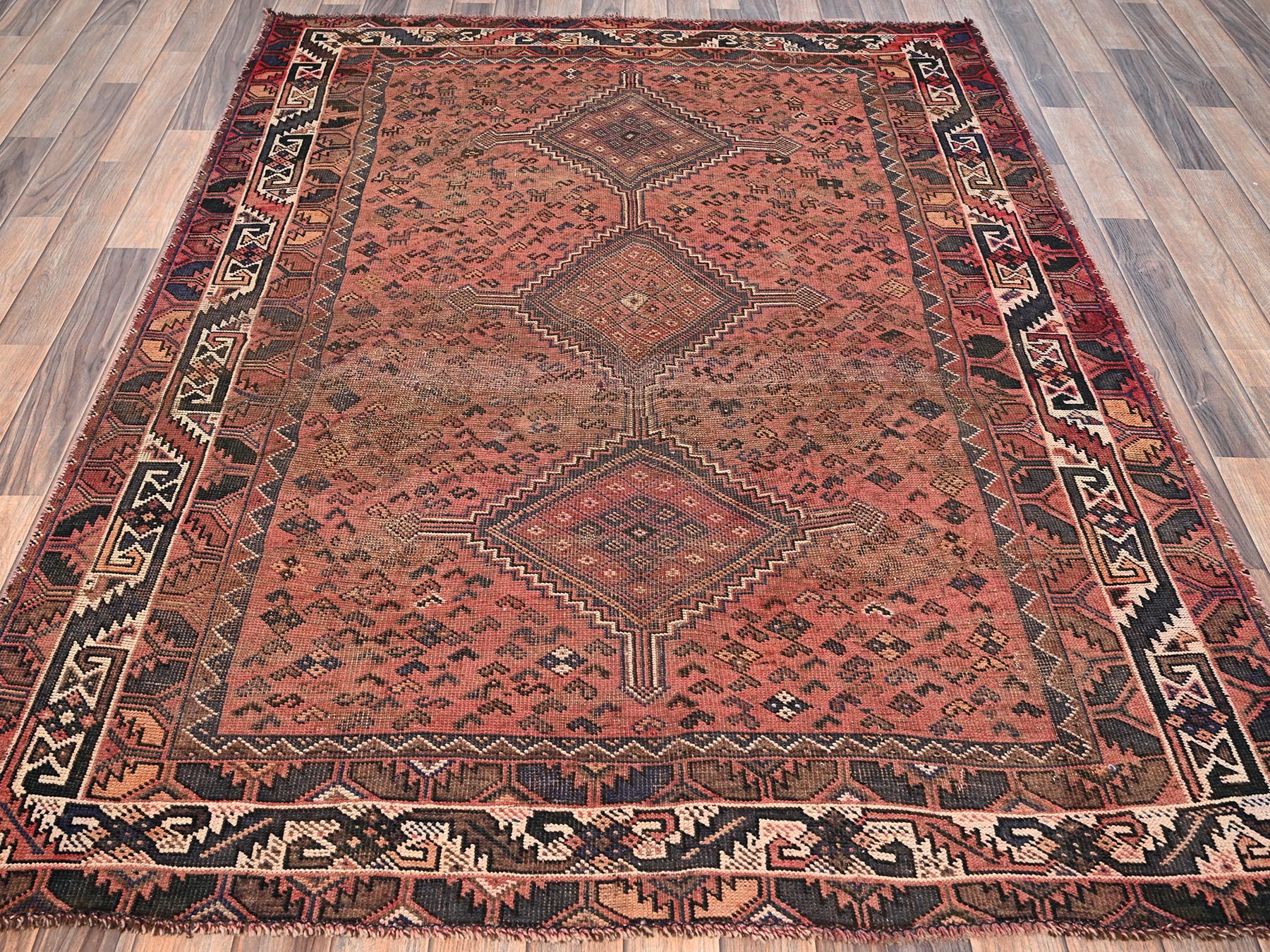 5'1"x6'9" Picante Red, Vintage Persian Shiraz with Geometric Medallions Design, Worn and Distressed, Sheared Low, Zero Pile, Sides and Ends Professionally Secured, Hand Knotted, 100% Wool, Oriental Rug HR1569 - Image 2