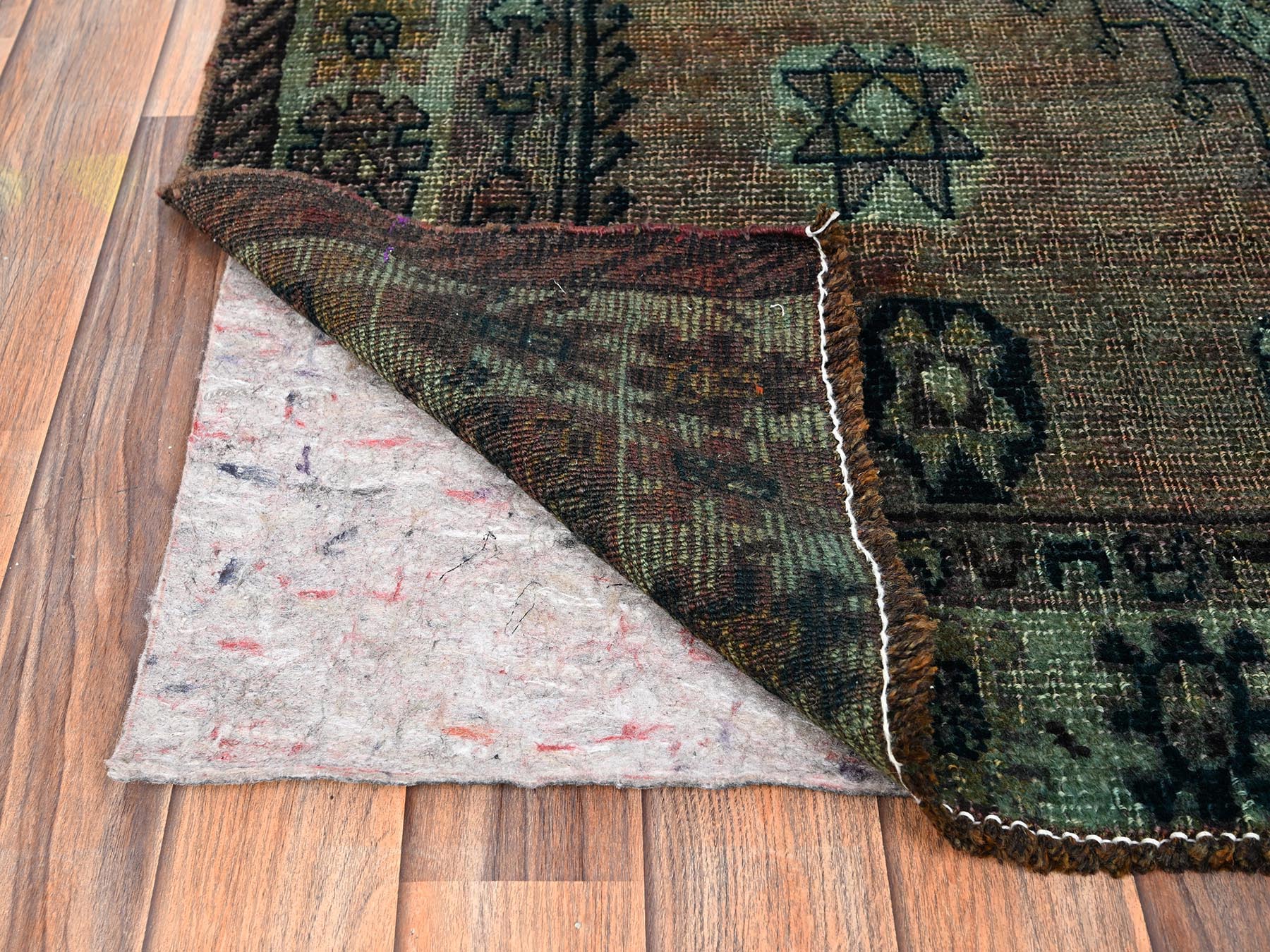 5'6"x7'4" Friar Brown, Overdyed, Vintage Persian Shiraz with Geometric Pattern, Worn and Distressed, Sheared Low, Zero Pile, Sides and Ends Professionally Secured, Hand Knotted, 100% Wool, Oriental Rug HR1574 - Image 3