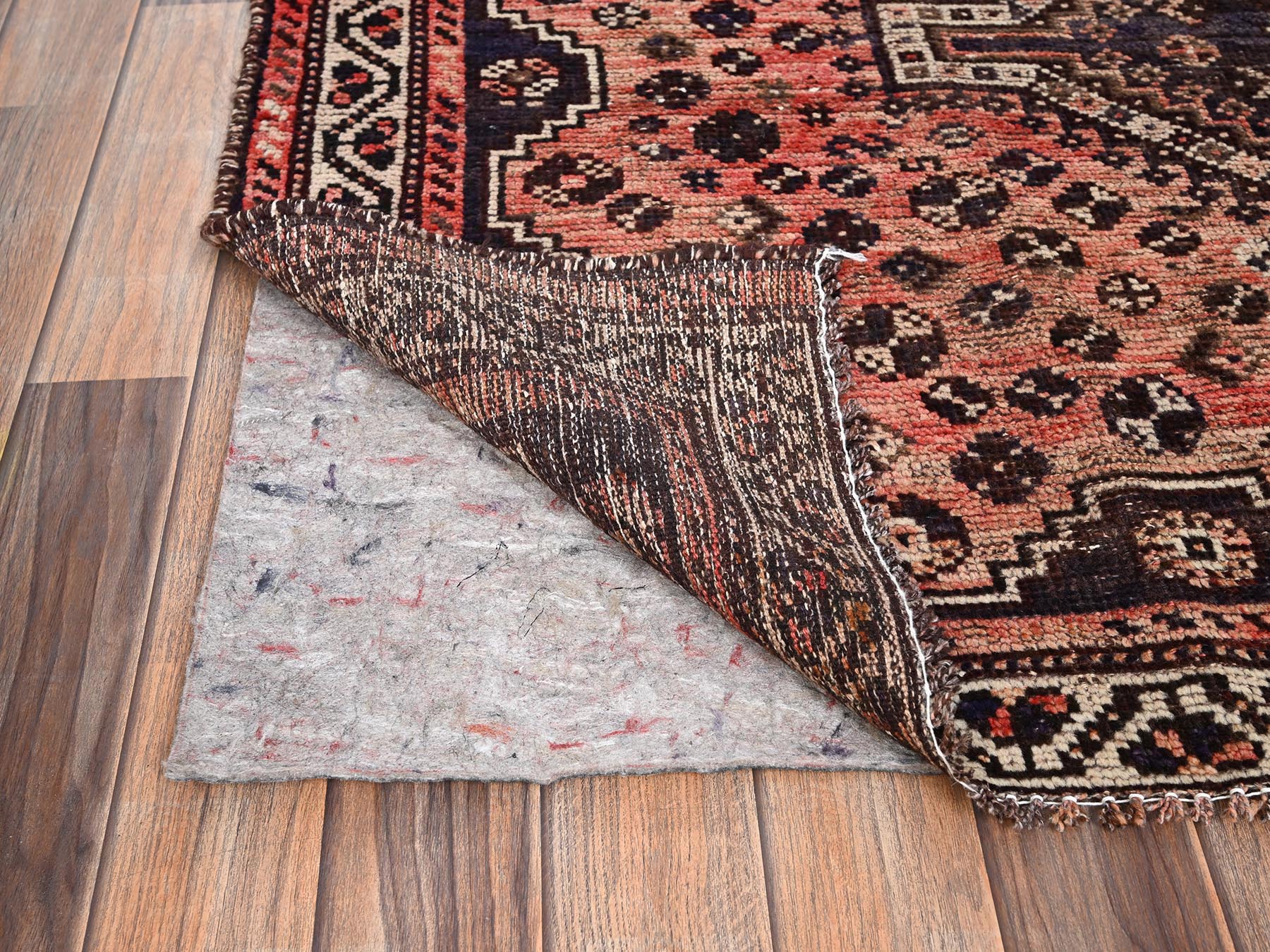 5'3"x6' Blush Red, Vintage Persian Shiraz with Geometric Medallion Design, Sheared Low, Even Wear, Zero Pile, Sides and Ends Professionally Secured, Hand Knotted, 100% Wool, Squarish, Oriental Rug HR1576 - Image 3