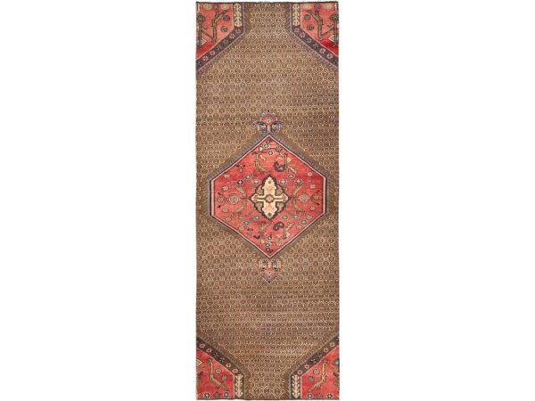 2'7"x7'10" Camel Brown, Vintage Persian Serab with Bird Figurines, Fragment, 100% Wool, Hand Knotted, Cropped Thin, Even Wear, Sides and Ends Professionally Secured, Clean, Runner, Oriental Rug HR1584