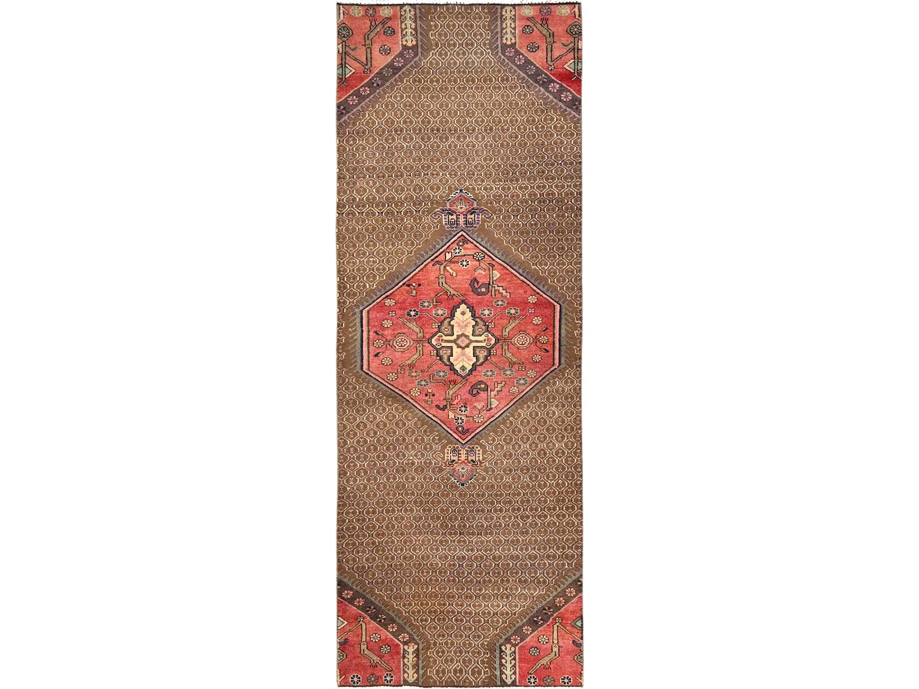 2'7"x7'10" Camel Brown, Vintage Persian Serab with Bird Figurines, Fragment, 100% Wool, Hand Knotted, Cropped Thin, Even Wear, Sides and Ends Professionally Secured, Clean, Runner, Oriental Rug HR1584