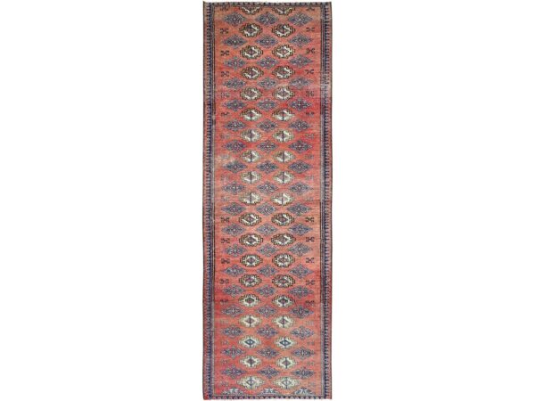 2'8"x9'2" Dark Coral, Vintage Turkoman with Repetitive Design, 100% Wool, Hand Knotted, Sheared Low, Even Wear, Sides and Ends Professionally Secured, Good Condition, Runner, Oriental Rug HR1590