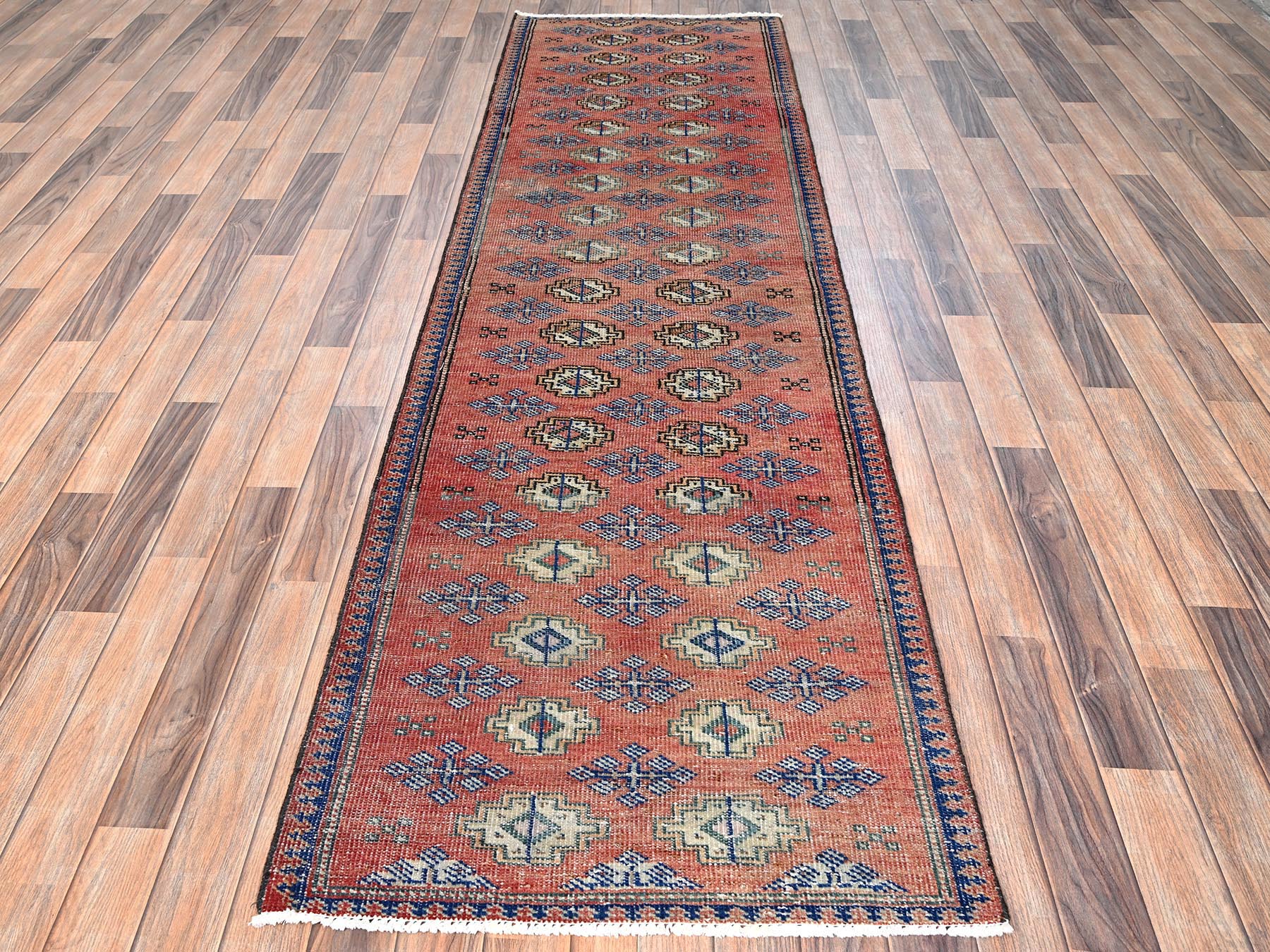 2'8"x9'2" Dark Coral, Vintage Turkoman with Repetitive Design, 100% Wool, Hand Knotted, Sheared Low, Even Wear, Sides and Ends Professionally Secured, Good Condition, Runner, Oriental Rug HR1590 - Image 2
