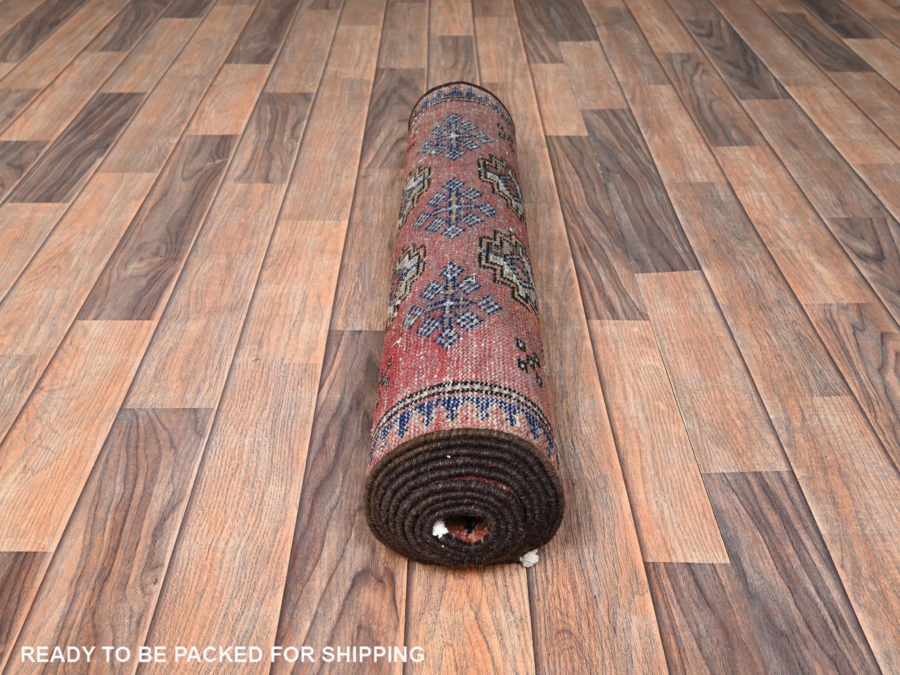 2'8"x9'2" Dark Coral, Vintage Turkoman with Repetitive Design, 100% Wool, Hand Knotted, Sheared Low, Even Wear, Sides and Ends Professionally Secured, Good Condition, Runner, Oriental Rug HR1590 - Image 5
