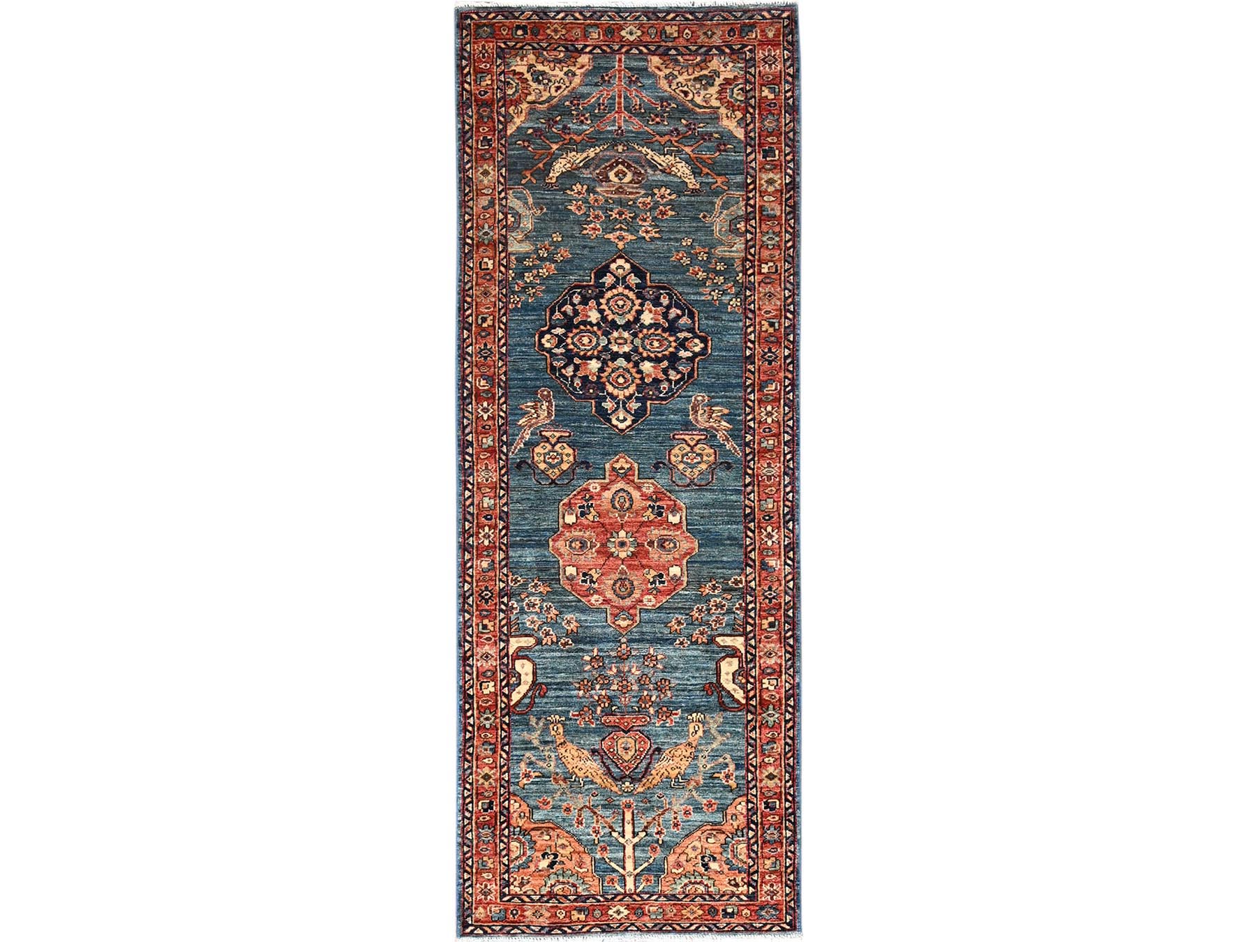 2'9"x7'8" Horizon Blue, Tabriz with Peacocks, Persian Design, Aryana Grade, Vegetable Dyes, Soft Pile, Hand Knotted, High Mountain Wool, Densely Woven, Runner, Oriental Rug HR1624