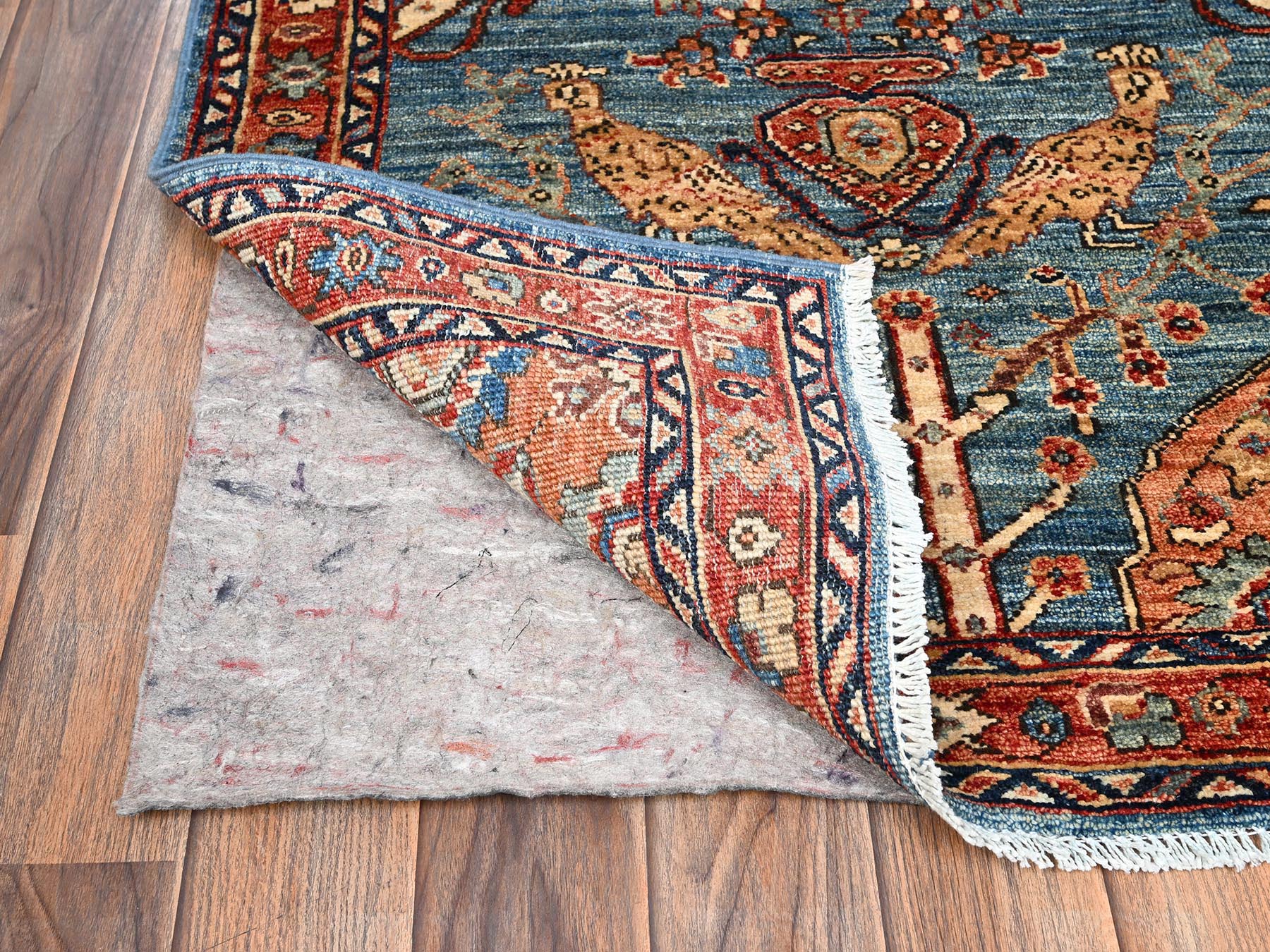 2'9"x7'8" Horizon Blue, Tabriz with Peacocks, Persian Design, Aryana Grade, Vegetable Dyes, Soft Pile, Hand Knotted, High Mountain Wool, Densely Woven, Runner, Oriental Rug HR1624 - Image 3