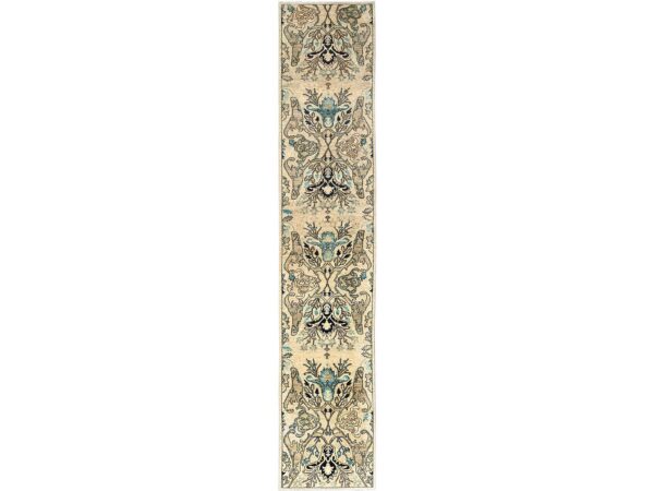 2'7"x13'10" Almond Milk White, Vegetable Dyes, Bijar Garus Design, High Mountain Wool, Aryana Grade, Hand Knotted, Soft Pile, Densely Woven, Runner, Oriental Rug HR1625