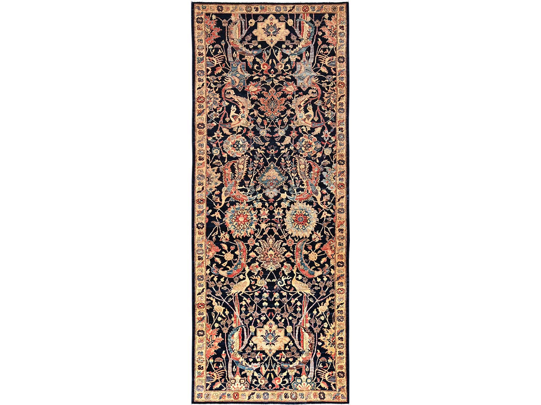 5'1"x14'6" Moonlit Ocean Blue, Peacock Persian Sickle Leaf Design, Vegetable Dyes, Pure Wool, Hand Knotted, Aryana Grade, Soft Pile, Densely Woven, Wide Runner, Oriental Rug HR1637