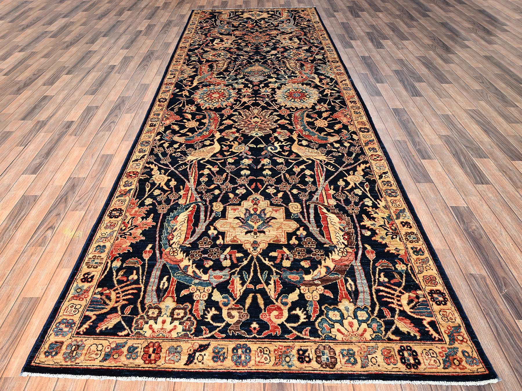5'1"x14'6" Moonlit Ocean Blue, Peacock Persian Sickle Leaf Design, Vegetable Dyes, Pure Wool, Hand Knotted, Aryana Grade, Soft Pile, Densely Woven, Wide Runner, Oriental Rug HR1637 - Image 2