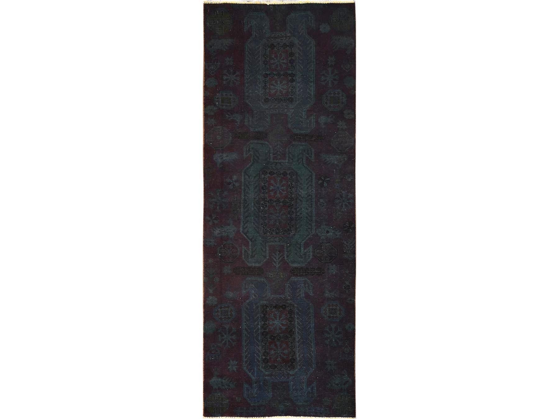 3'2"x8'6" Wine Red Overdyed, Vintage Northwest Persian with Geometric Pattern, 100% Wool, Hand Knotted, Cropped Thin, Even Wear, Sides and Ends Professionally Secured, Runner, Oriental Rug HR1668