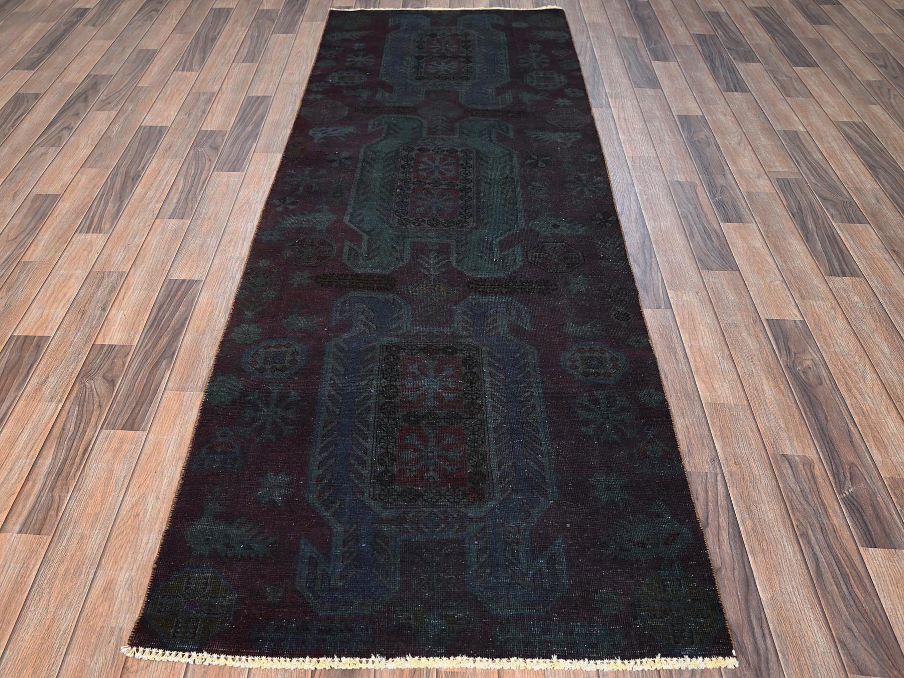 3'2"x8'6" Wine Red Overdyed, Vintage Northwest Persian with Geometric Pattern, 100% Wool, Hand Knotted, Cropped Thin, Even Wear, Sides and Ends Professionally Secured, Runner, Oriental Rug HR1668 - Image 2
