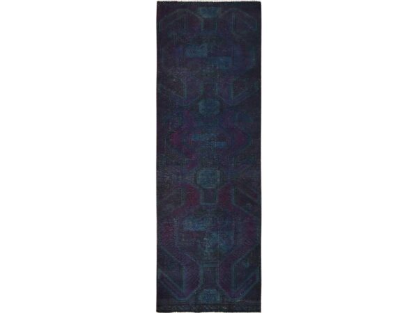 2'9"x8'6" Wine Red Overdyed, Vintage Northwest Persian with Geometric Pattern, 100% Wool, Hand Knotted, Sheared Low, Worn Down, Sides and Ends Professionally Secured, Good Condition, Runner, Oriental Rug HR1669