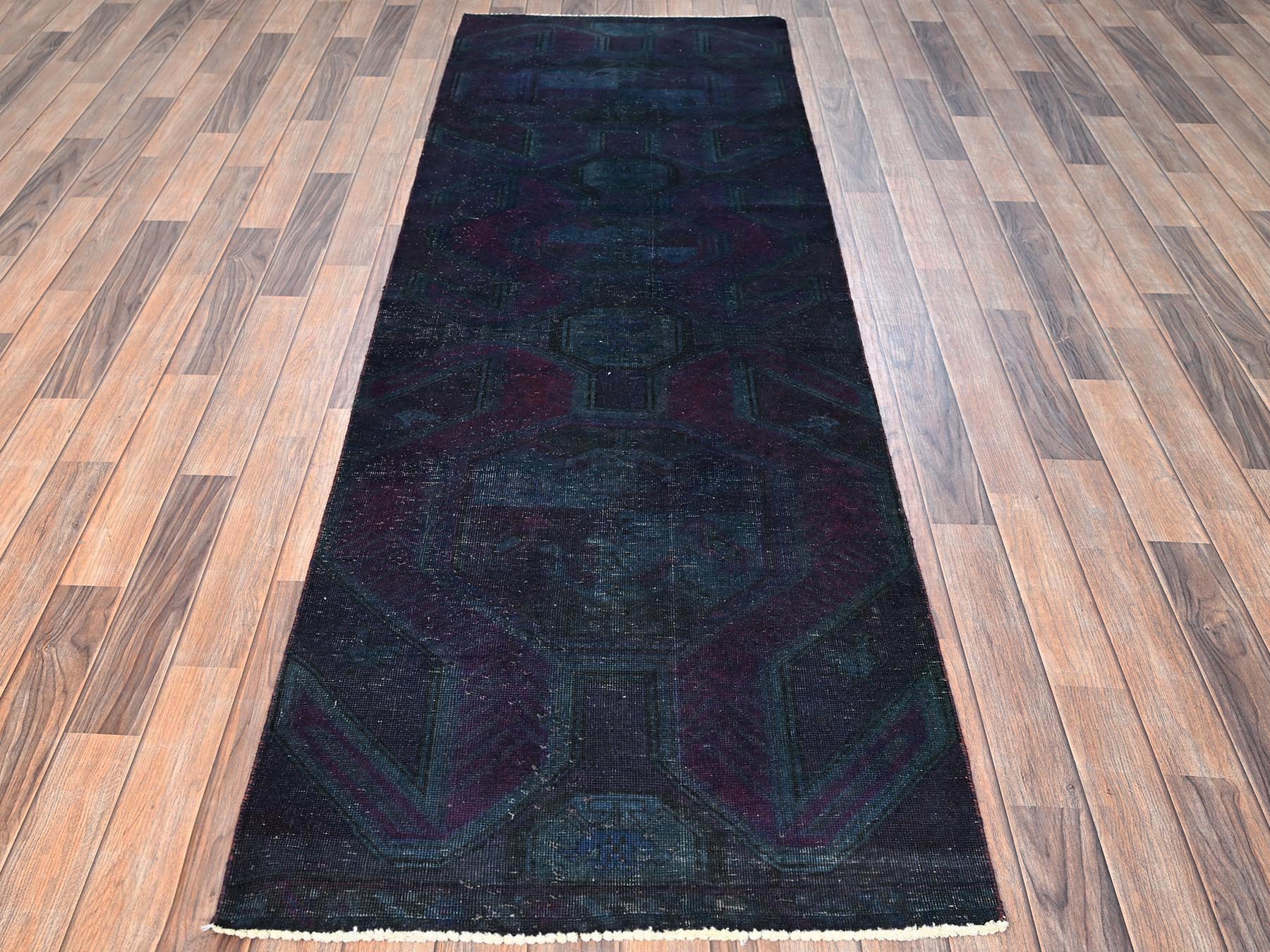 2'9"x8'6" Wine Red Overdyed, Vintage Northwest Persian with Geometric Pattern, 100% Wool, Hand Knotted, Sheared Low, Worn Down, Sides and Ends Professionally Secured, Good Condition, Runner, Oriental Rug HR1669 - Image 2