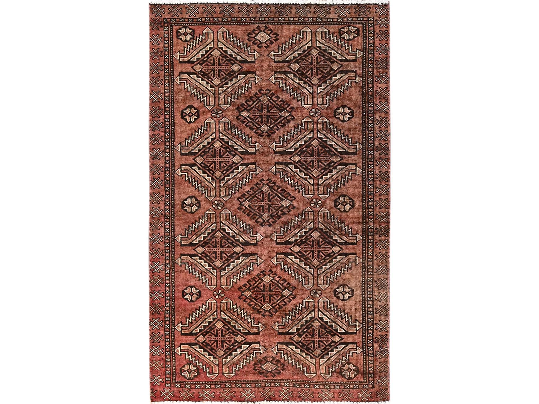 3'7"x6'1" Amber Brown, Vintage Persian Shiraz with Geometric Design, Worn and Distressed, Sheared Low, Zero Pile, Sides and Ends Professionally Secured, Hand Knotted, 100% Wool, Oriental Rug HR1706
