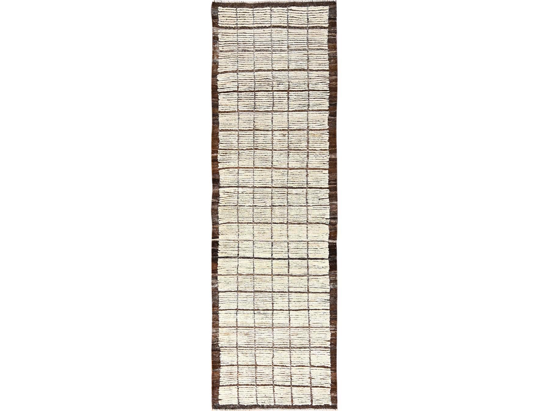 2'8"x9'6" Almond Milk White, Textured Pile, Tone on Tone, Moroccan Weave with Grid Design, Undyed Natural Wool, Hand Knotted, Runner, Oriental Rug HR1770