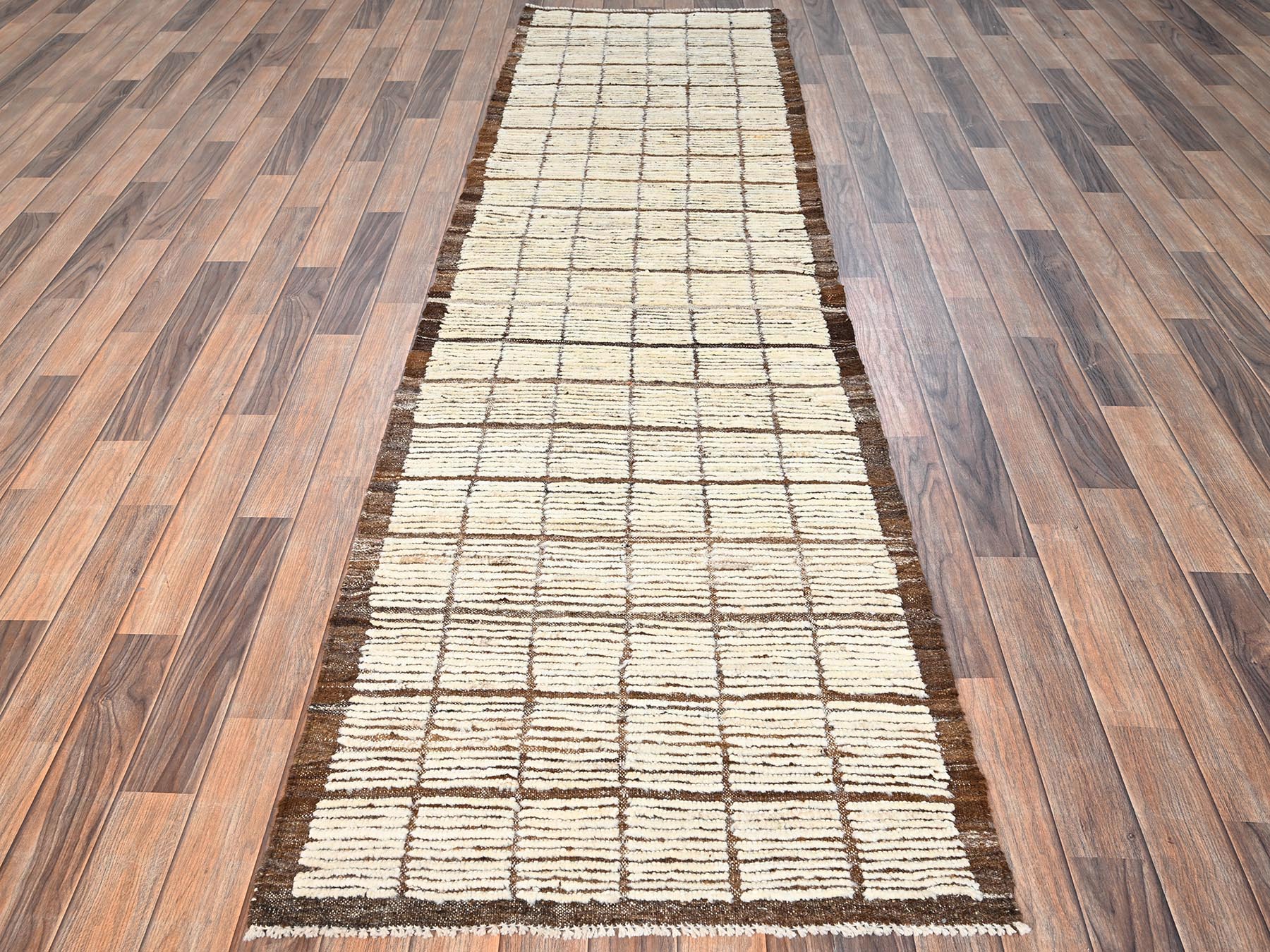 2'8"x9'6" Almond Milk White, Textured Pile, Tone on Tone, Moroccan Weave with Grid Design, Undyed Natural Wool, Hand Knotted, Runner, Oriental Rug HR1770 - Image 2