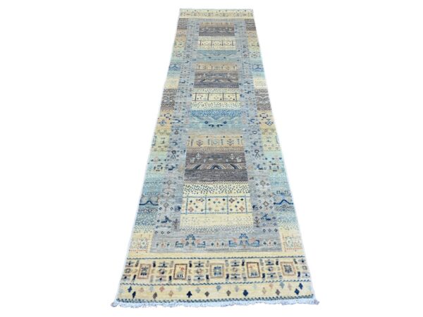 2'7"x10'3" Bone White with Gray, Fine Kashkuli Gabbeh with Small Animal Figurines, Soft Wool, Hand Knotted, Vegetable Dyes, Runner, Oriental Rug HR20123