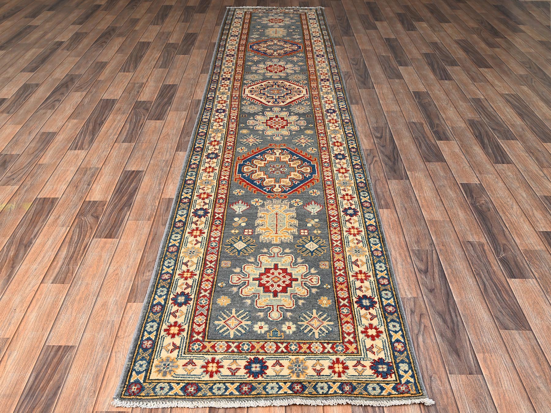 2'7"x12'6" Spanish Gray, Pure Wool, Vegetable Dyes, Denser Weave, Kazak with Geometric Medallions Design, Hand Knotted, Runner, Oriental Rug HR2041 - Image 2