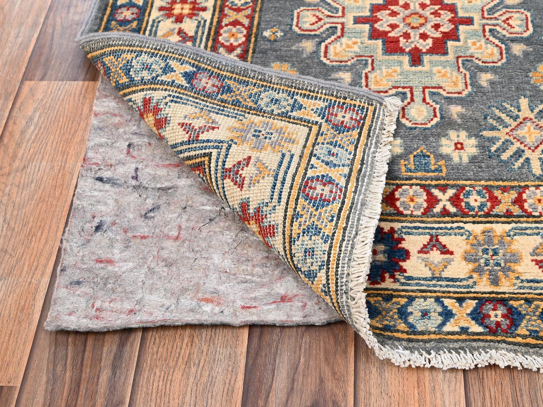 2'7"x12'6" Spanish Gray, Pure Wool, Vegetable Dyes, Denser Weave, Kazak with Geometric Medallions Design, Hand Knotted, Runner, Oriental Rug HR2041 - Image 3