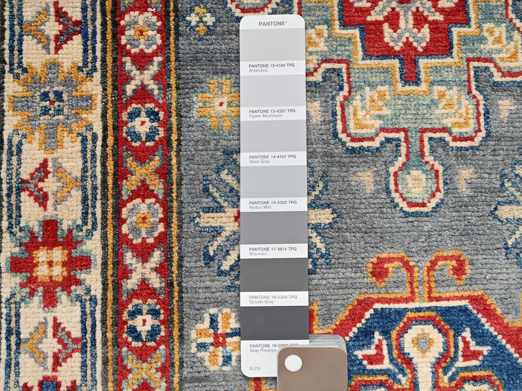 2'7"x12'6" Spanish Gray, Pure Wool, Vegetable Dyes, Denser Weave, Kazak with Geometric Medallions Design, Hand Knotted, Runner, Oriental Rug HR2041 - Image 4