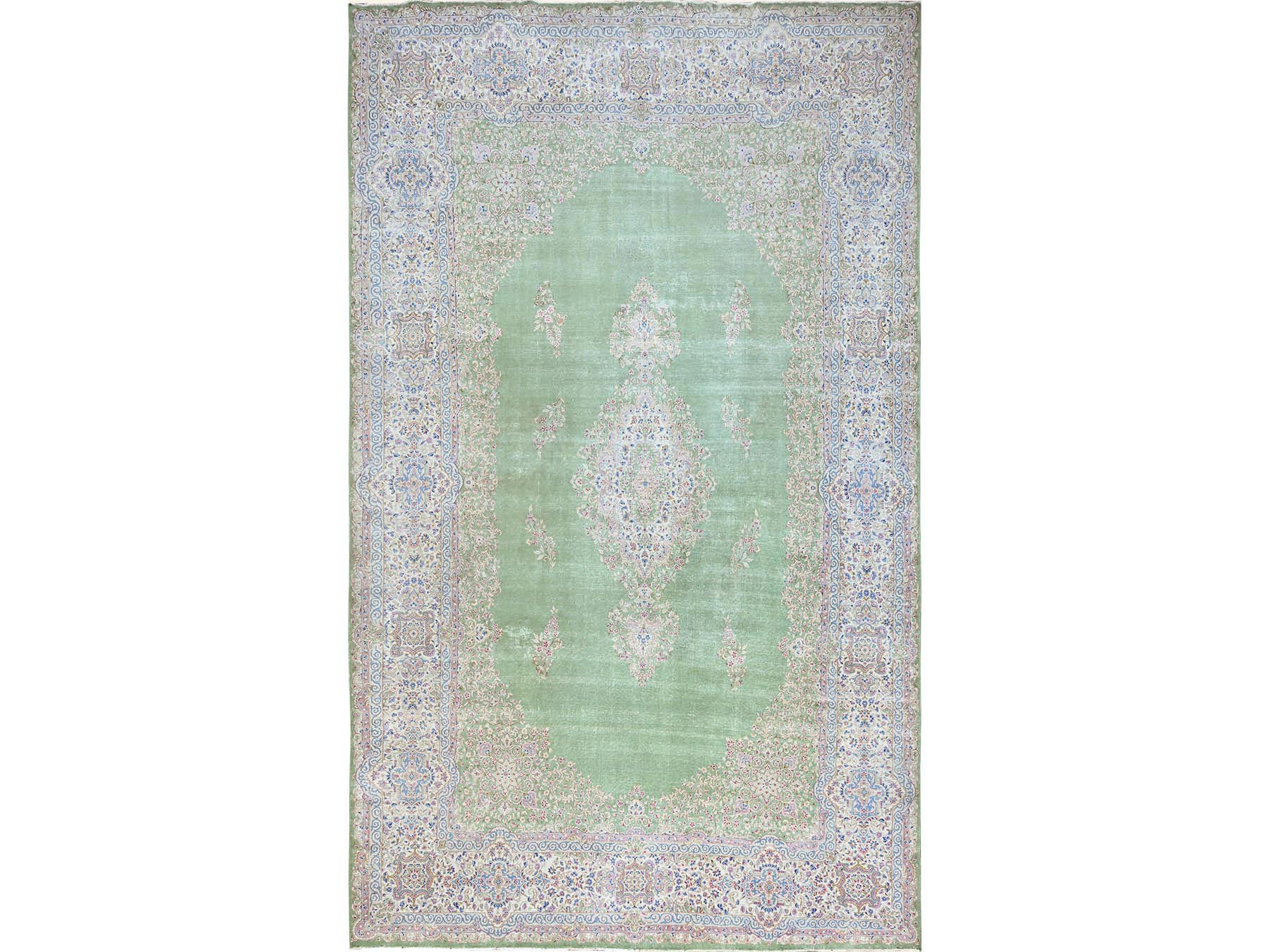 11'8"x19'3" Basil Green, Vintage Persian Kerman, Clean and Soft, Worned Out and Distressed, 100% Wool, Hand Knotted, Sides and Ends Secured, No Holes, XL, Oversized, Oriental Rug HR2063