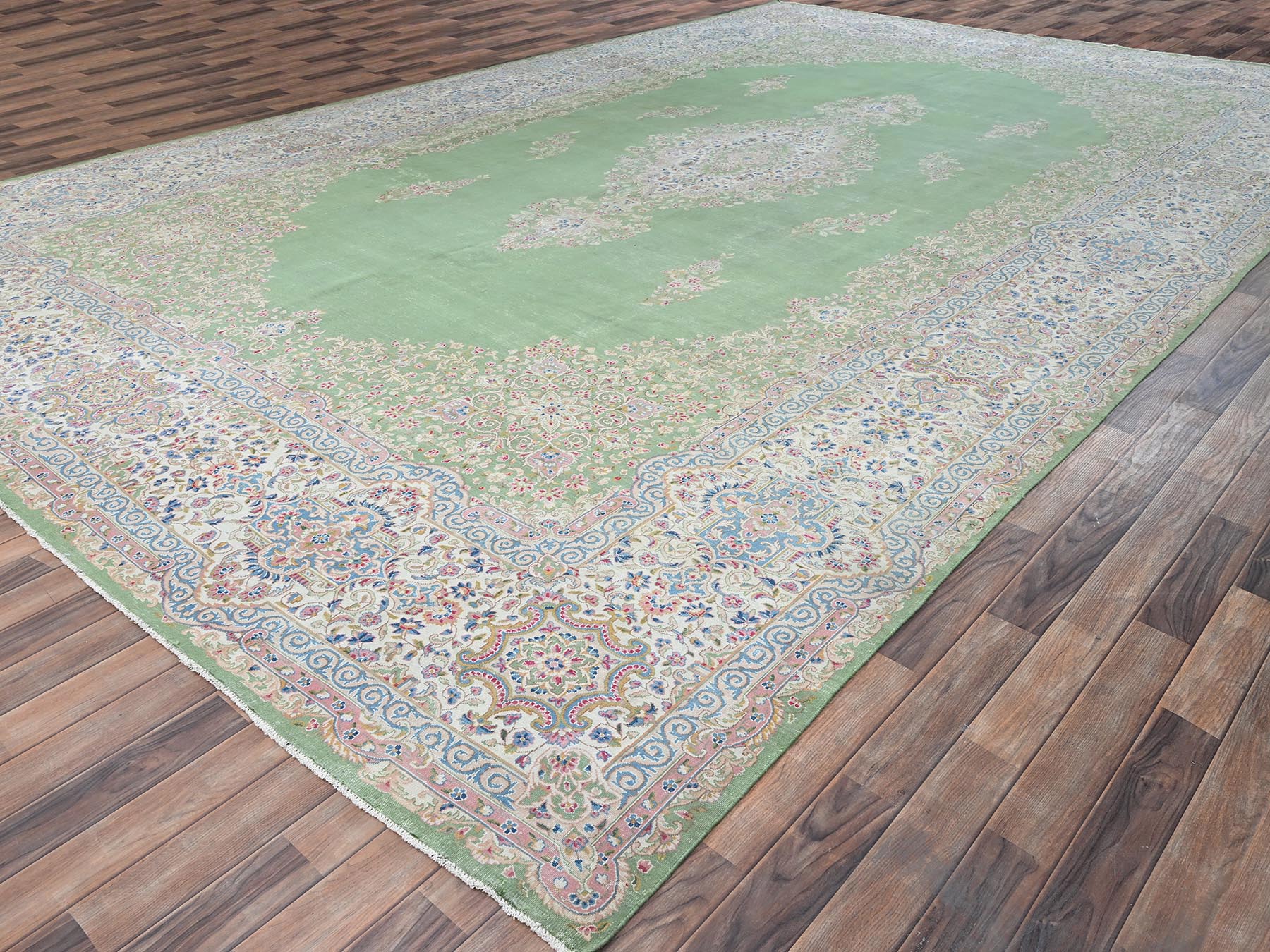 11'8"x19'3" Basil Green, Vintage Persian Kerman, Clean and Soft, Worned Out and Distressed, 100% Wool, Hand Knotted, Sides and Ends Secured, No Holes, XL, Oversized, Oriental Rug HR2063 - Image 3