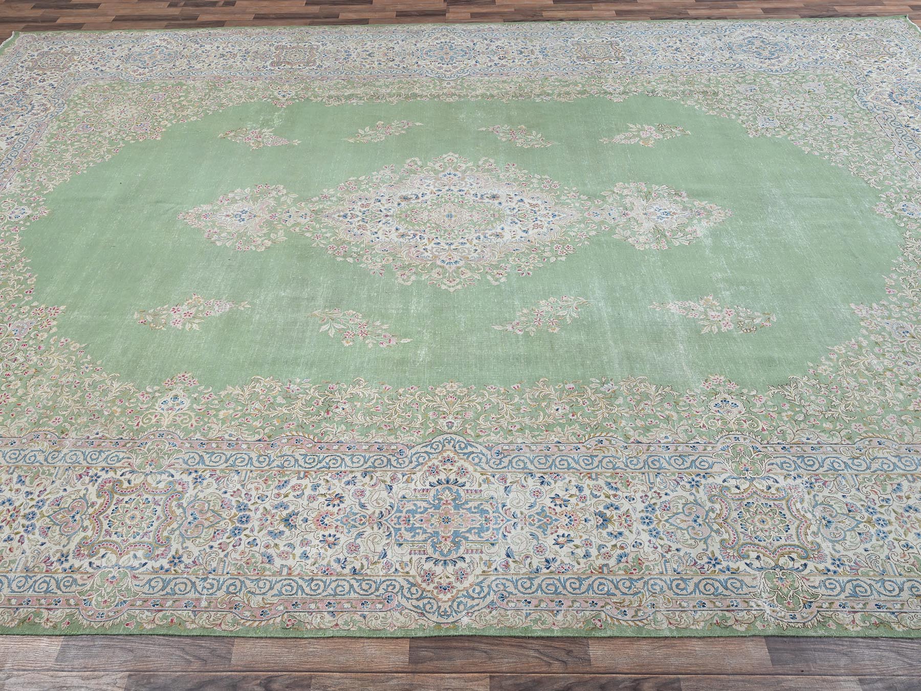 11'8"x19'3" Basil Green, Vintage Persian Kerman, Clean and Soft, Worned Out and Distressed, 100% Wool, Hand Knotted, Sides and Ends Secured, No Holes, XL, Oversized, Oriental Rug HR2063 - Image 4