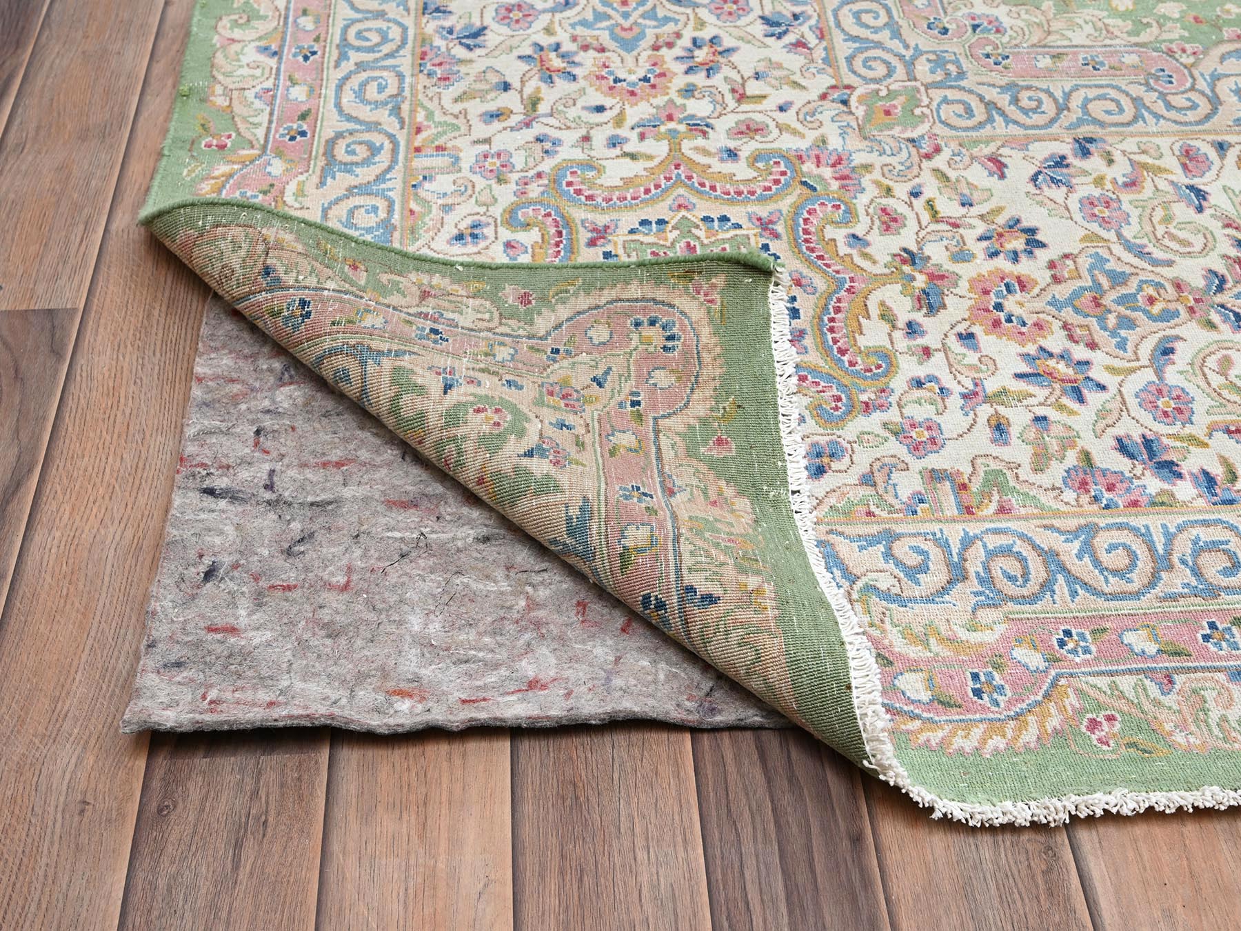 11'8"x19'3" Basil Green, Vintage Persian Kerman, Clean and Soft, Worned Out and Distressed, 100% Wool, Hand Knotted, Sides and Ends Secured, No Holes, XL, Oversized, Oriental Rug HR2063 - Image 5
