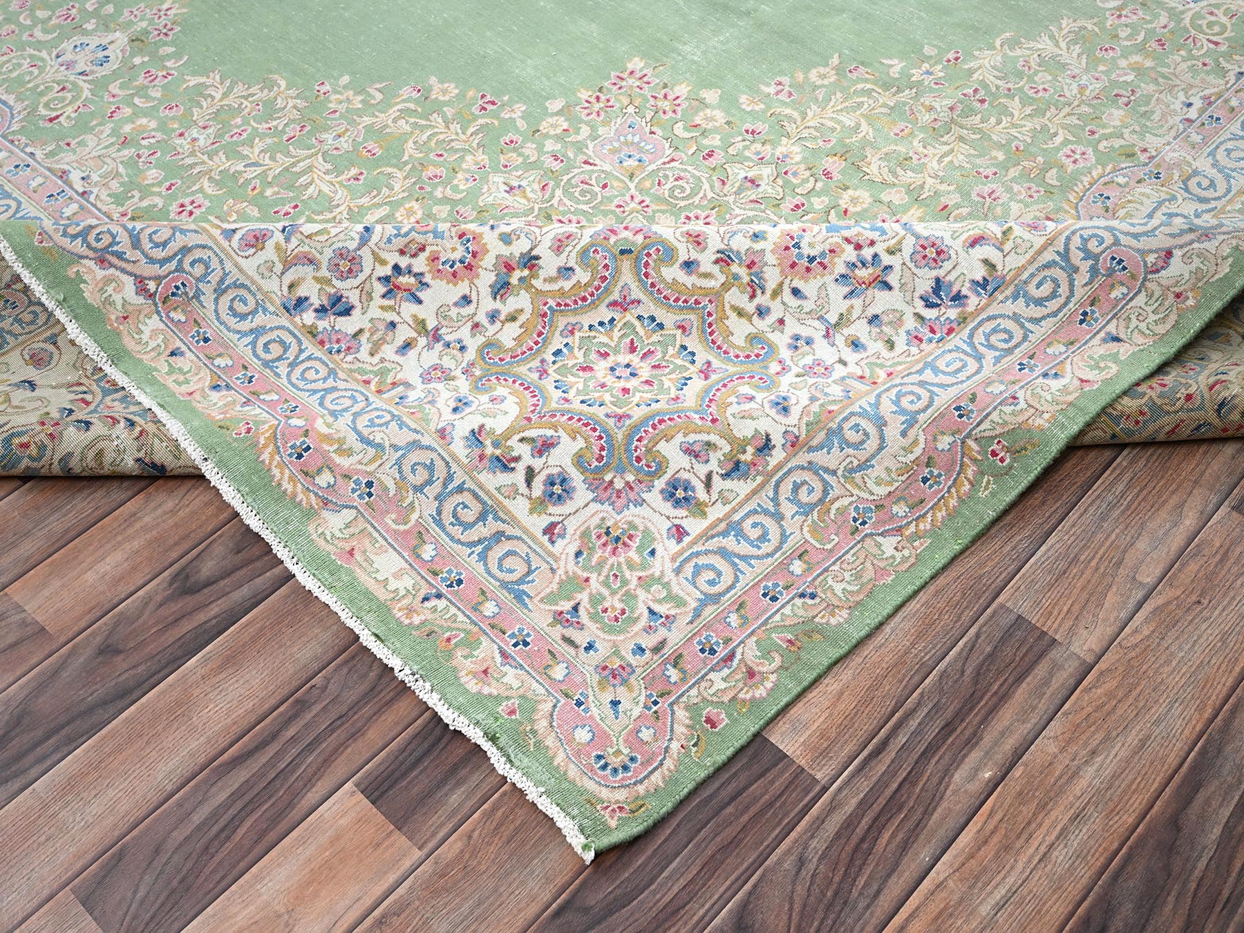 11'8"x19'3" Basil Green, Vintage Persian Kerman, Clean and Soft, Worned Out and Distressed, 100% Wool, Hand Knotted, Sides and Ends Secured, No Holes, XL, Oversized, Oriental Rug HR2063 - Image 7