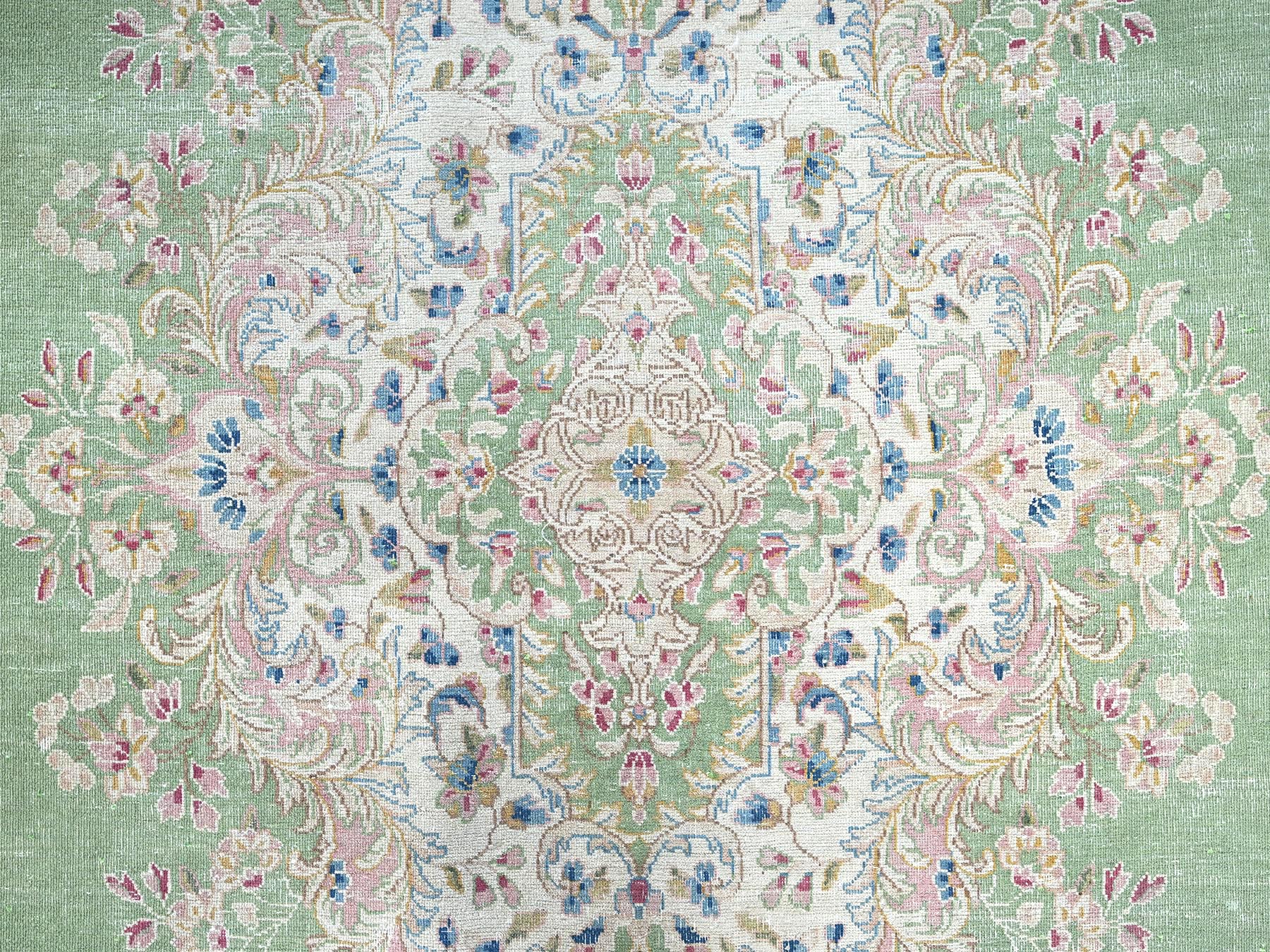 11'8"x19'3" Basil Green, Vintage Persian Kerman, Clean and Soft, Worned Out and Distressed, 100% Wool, Hand Knotted, Sides and Ends Secured, No Holes, XL, Oversized, Oriental Rug HR2063 - Image 9