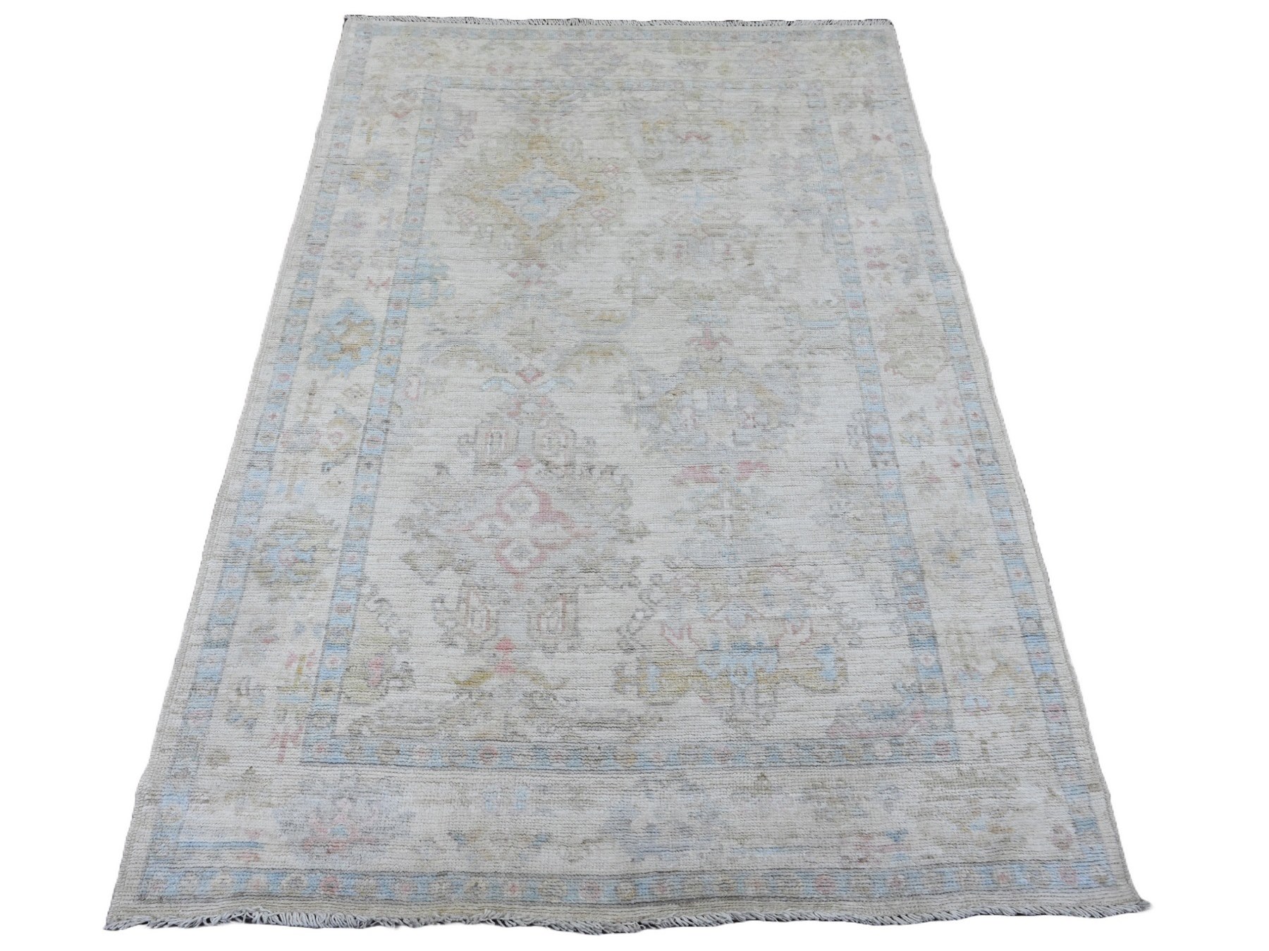 4'x6' Pearl White, Hand Knotted, Afghan Angora Oushak with Geometric Leaf Pattern, Natural Dyes, 100% Wool, Oriental Rug HR20755