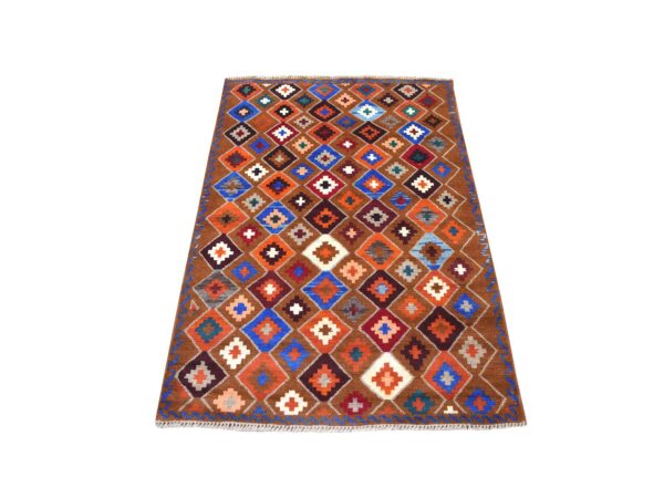 3'5"x4'10" Brown Geometric Design Colorful Afghan Baluch Pure Wool Hand Knotted Oriental Rug HR53301
