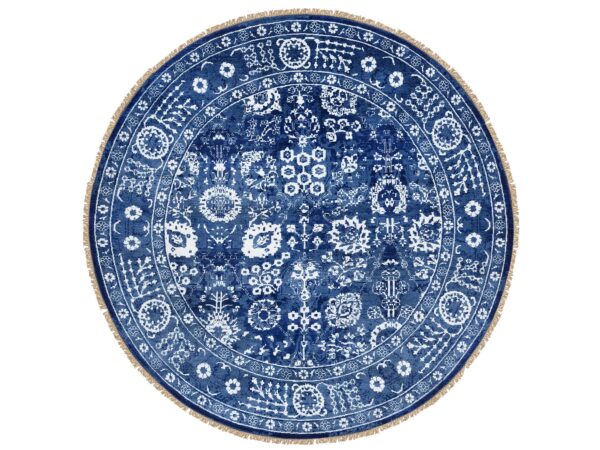 8'2"x8'2" Denim Blue, Wool and Silk Hand Knotted, Tabriz with All Over Motifs Tone on Tone, Round Oriental Rug HR64849