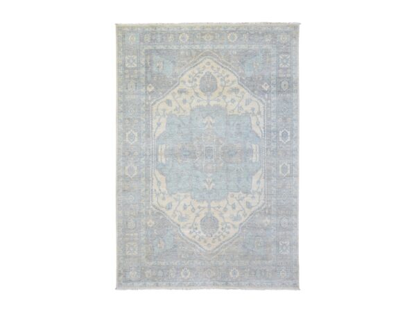 6'2"x8'9" Ivory, White Wash Peshawar with Serapi Heriz Design Natural Dyes, Organic Wool Hand Knotted, Oriental Rug HR72582