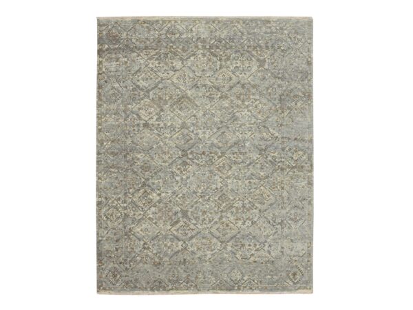 7'10"x10' Spanish Gray, Erased and Broken Garden Design, Hand Knotted, Pure Wool, Zero Pile, Cropped Thin, Oriental Rug HR75735
