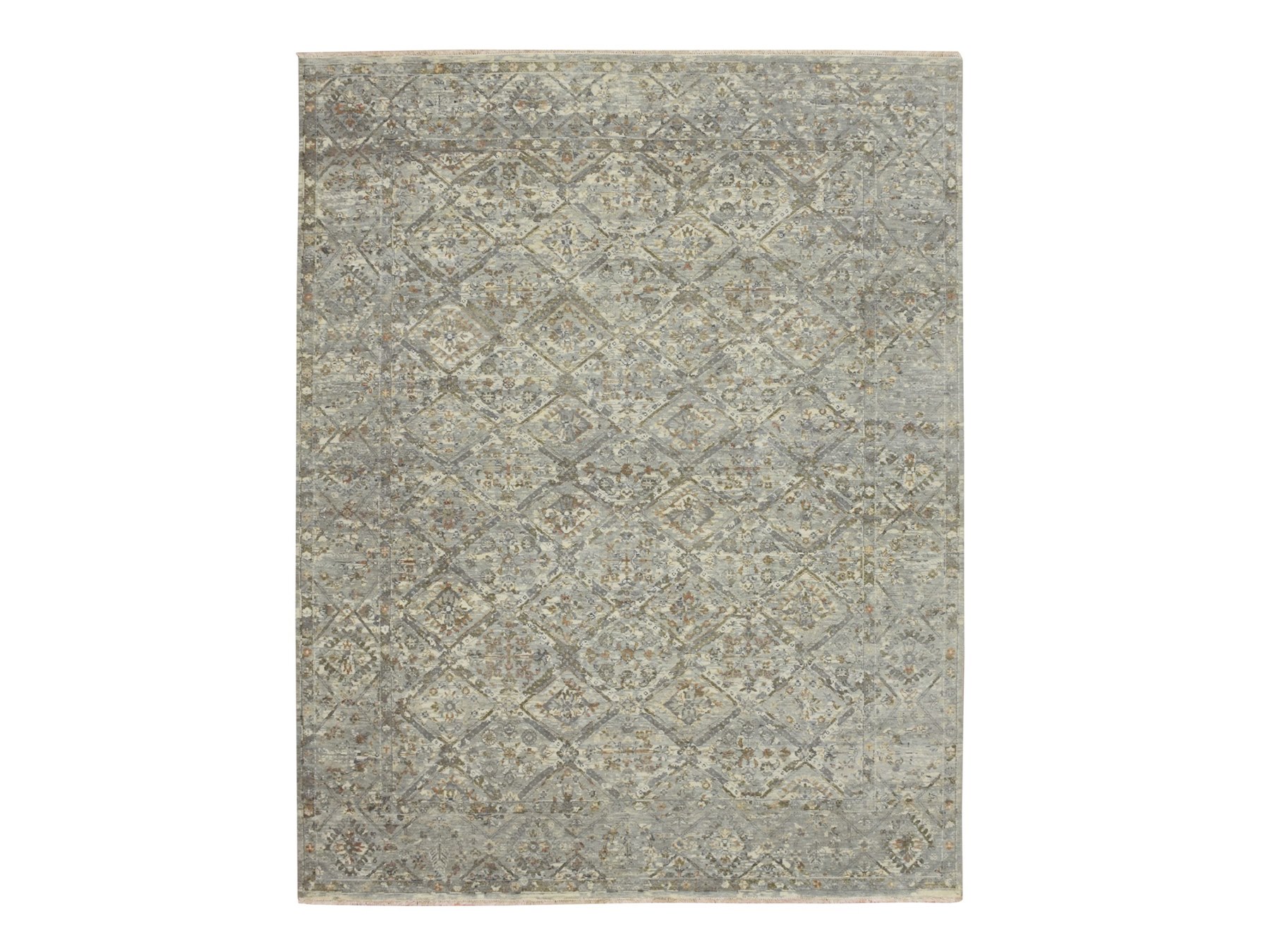 7'10"x10' Spanish Gray, Erased and Broken Garden Design, Hand Knotted, Pure Wool, Zero Pile, Cropped Thin, Oriental Rug HR75735