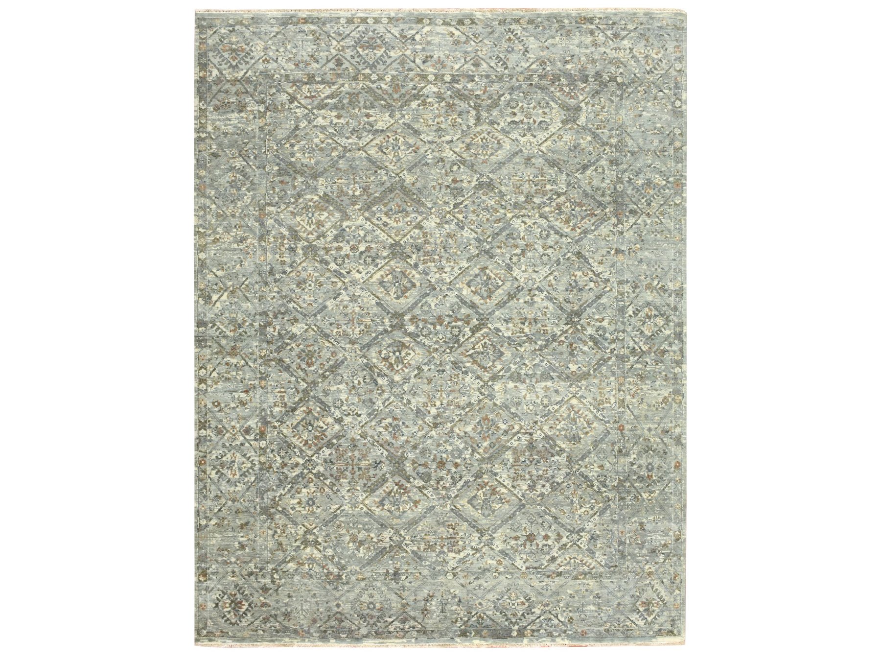 7'9"x10'1" Pewter Gray, Erased and Broken Garden Design, Hand Knotted, Natural Wool, Zero Pile, Cropped Thin, Oriental Rug HR75736