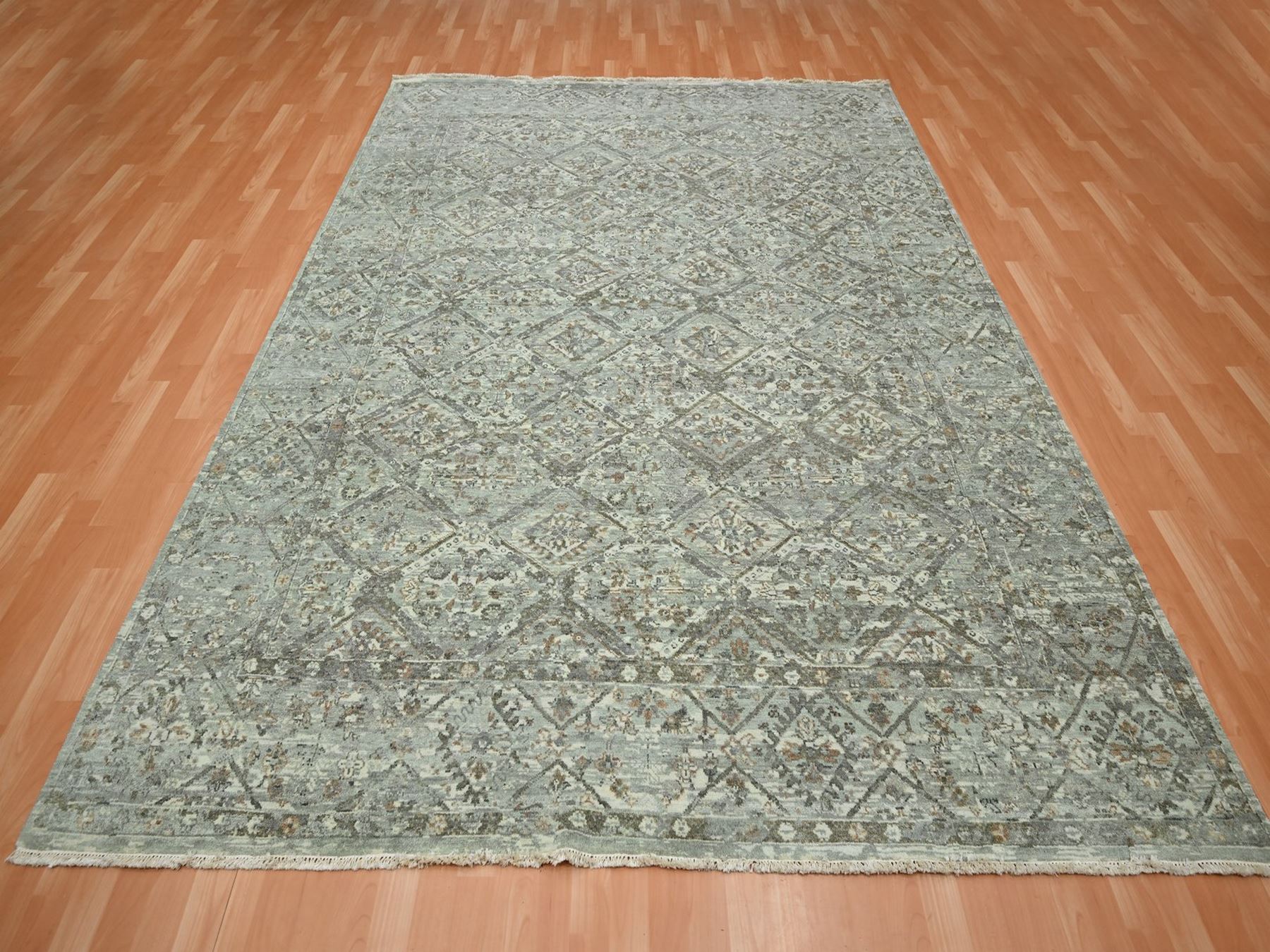7'9"x10'1" Pewter Gray, Erased and Broken Garden Design, Hand Knotted, Natural Wool, Zero Pile, Cropped Thin, Oriental Rug HR75736 - Image 2