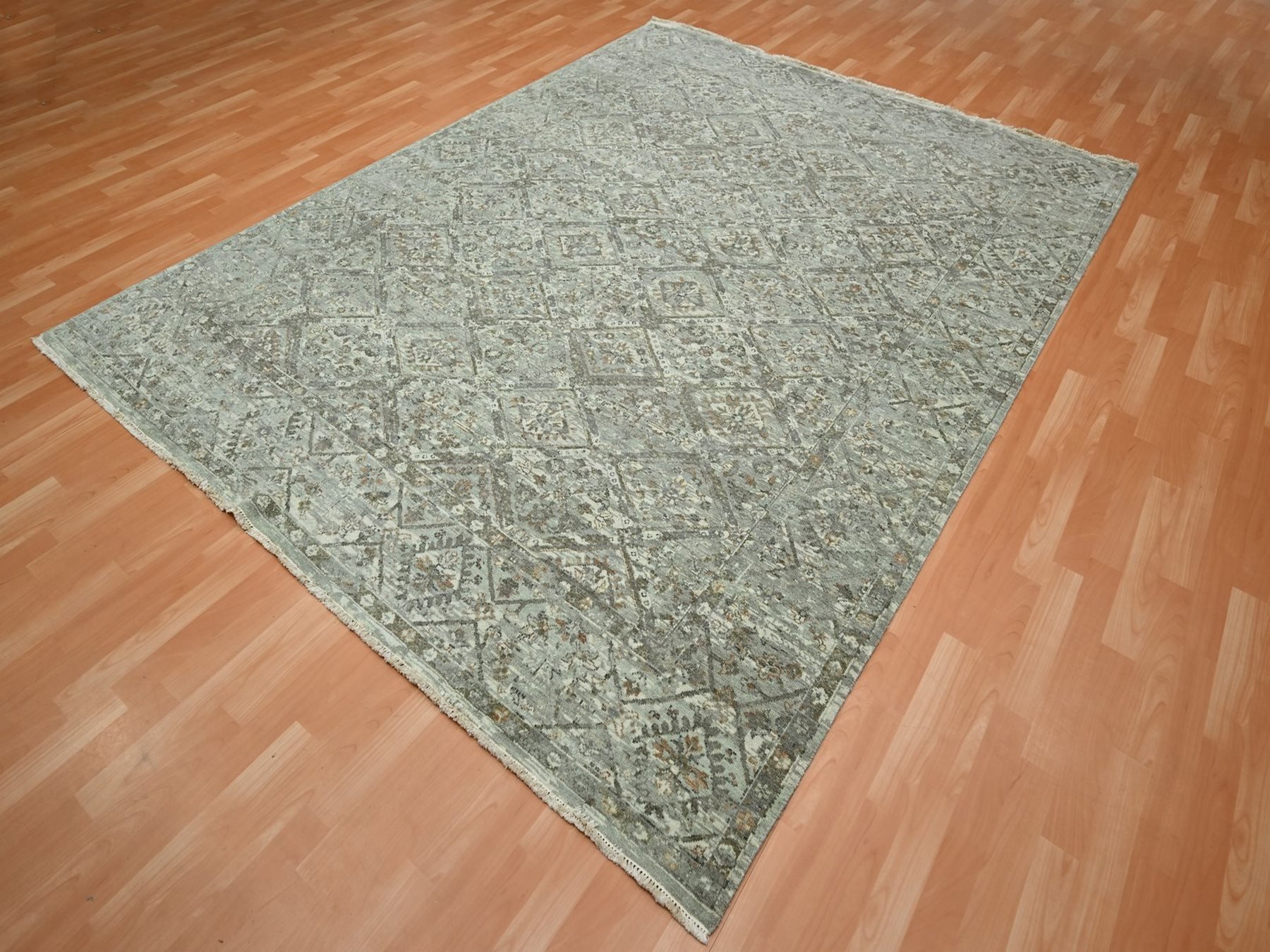7'9"x10'1" Pewter Gray, Erased and Broken Garden Design, Hand Knotted, Natural Wool, Zero Pile, Cropped Thin, Oriental Rug HR75736 - Image 3