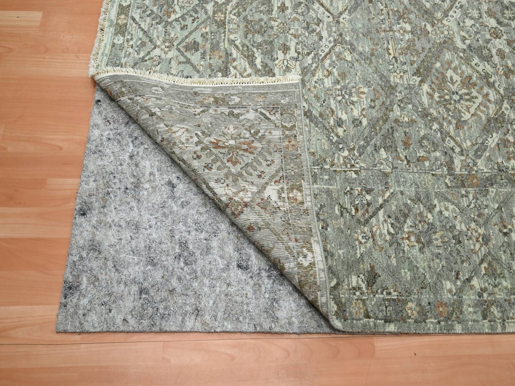 7'9"x10'1" Pewter Gray, Erased and Broken Garden Design, Hand Knotted, Natural Wool, Zero Pile, Cropped Thin, Oriental Rug HR75736 - Image 4
