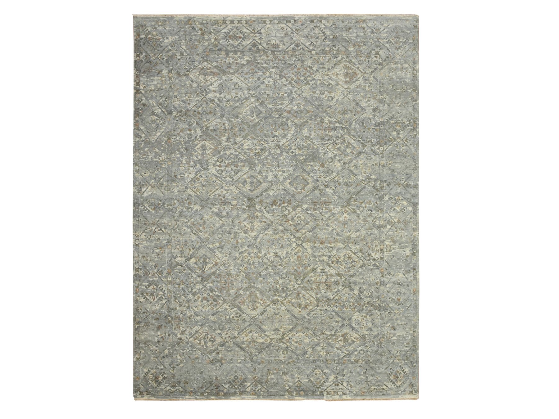 9'x12' Island Fossil Gray, Erased and Broken Garden Design, Hand Knotted, Natural Wool, Antique Finish, Zero Pile, Cropped Thin, Oriental Rug HR75737