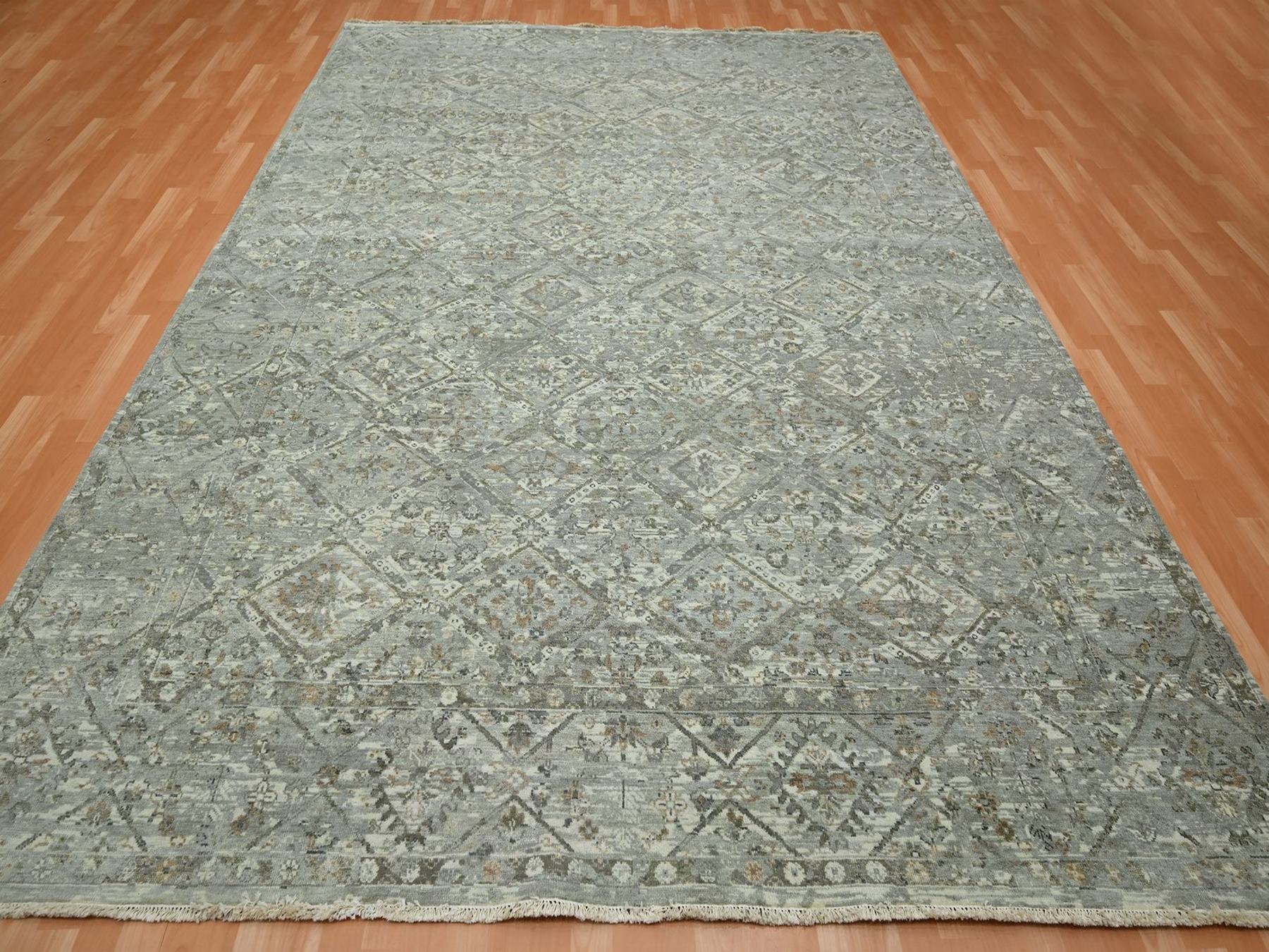 9'x12' Island Fossil Gray, Erased and Broken Garden Design, Hand Knotted, Natural Wool, Antique Finish, Zero Pile, Cropped Thin, Oriental Rug HR75737 - Image 2