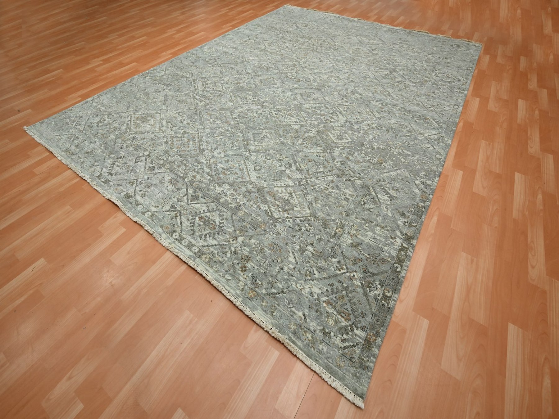 9'x12' Island Fossil Gray, Erased and Broken Garden Design, Hand Knotted, Natural Wool, Antique Finish, Zero Pile, Cropped Thin, Oriental Rug HR75737 - Image 3
