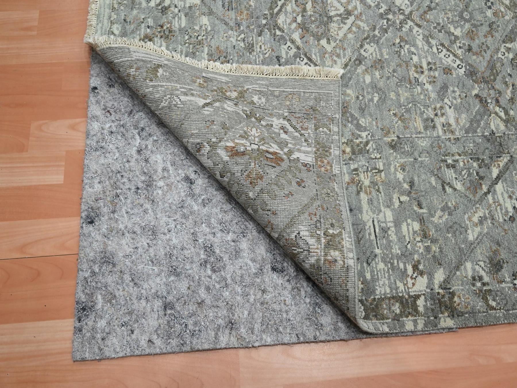 9'x12' Island Fossil Gray, Erased and Broken Garden Design, Hand Knotted, Natural Wool, Antique Finish, Zero Pile, Cropped Thin, Oriental Rug HR75737 - Image 4